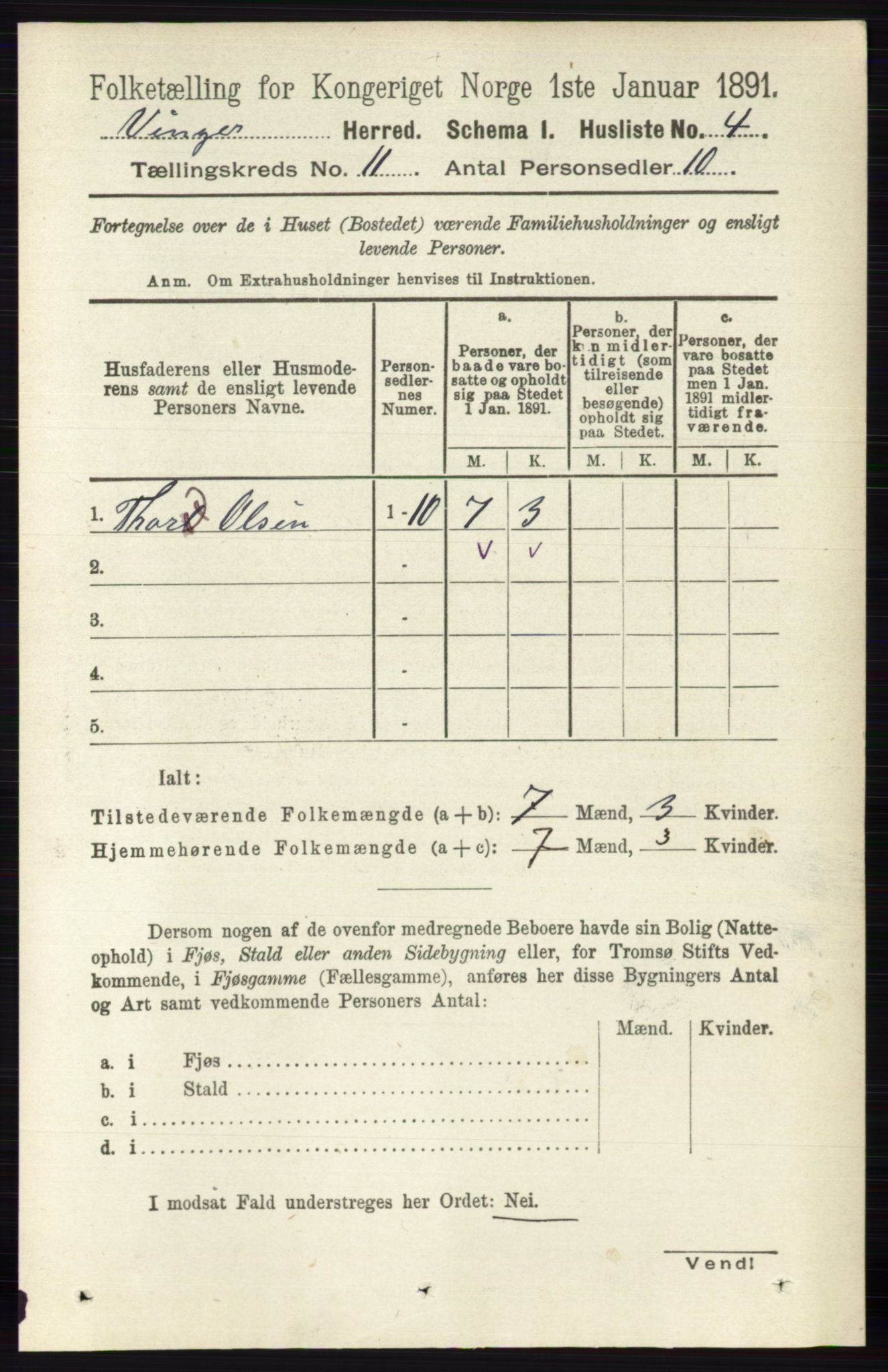 RA, 1891 census for 0421 Vinger, 1891, p. 5285