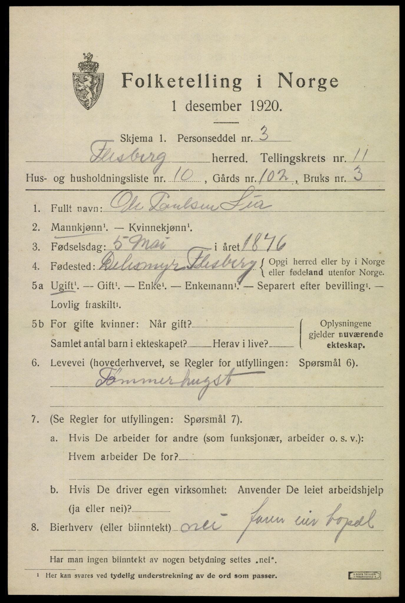 SAKO, 1920 census for Flesberg, 1920, p. 3831