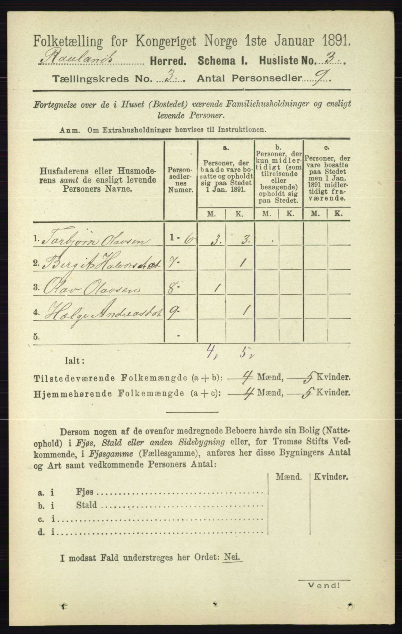 RA, 1891 census for 0835 Rauland, 1891, p. 739