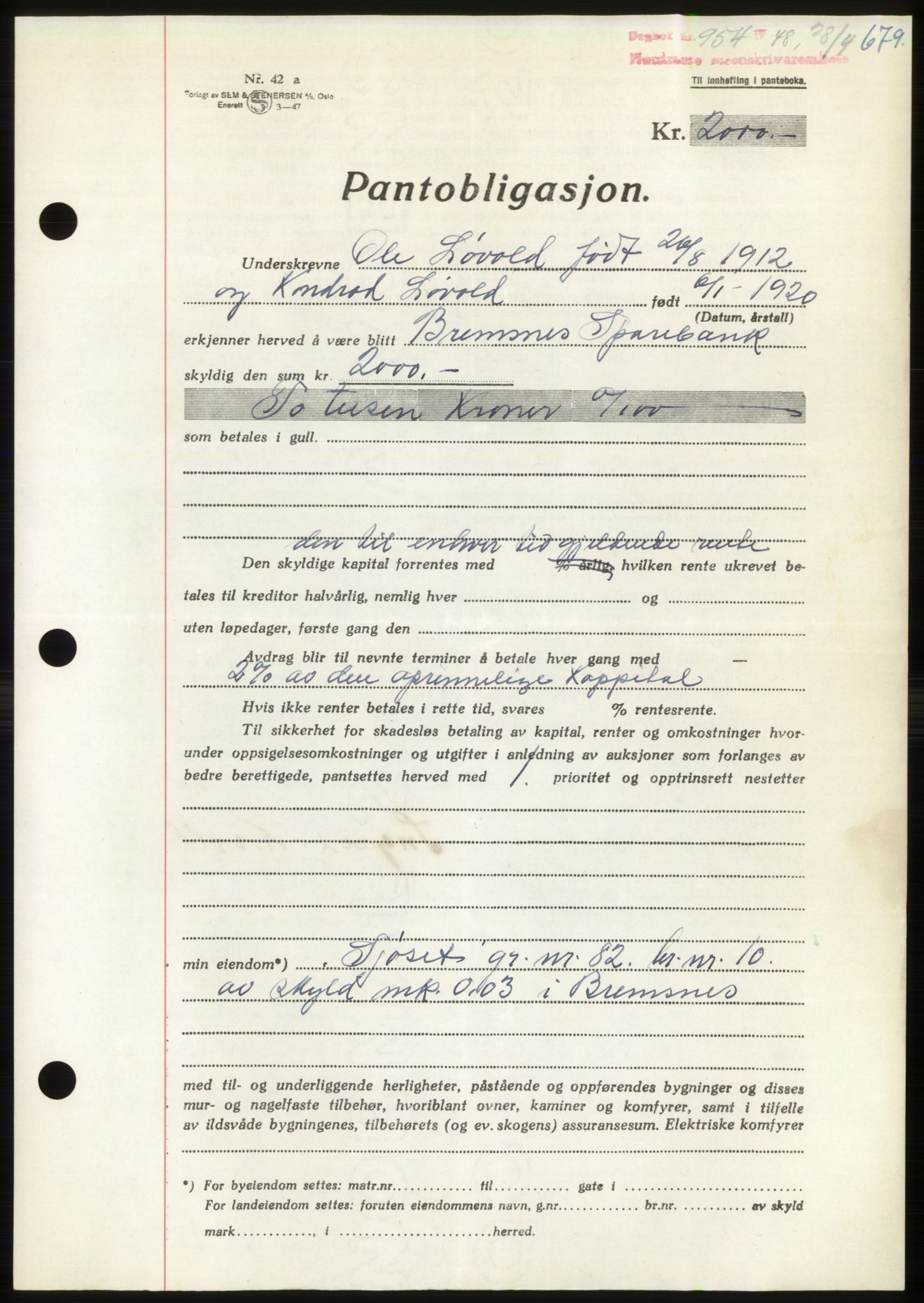 Nordmøre sorenskriveri, AV/SAT-A-4132/1/2/2Ca: Mortgage book no. B98, 1948-1948, Diary no: : 954/1948