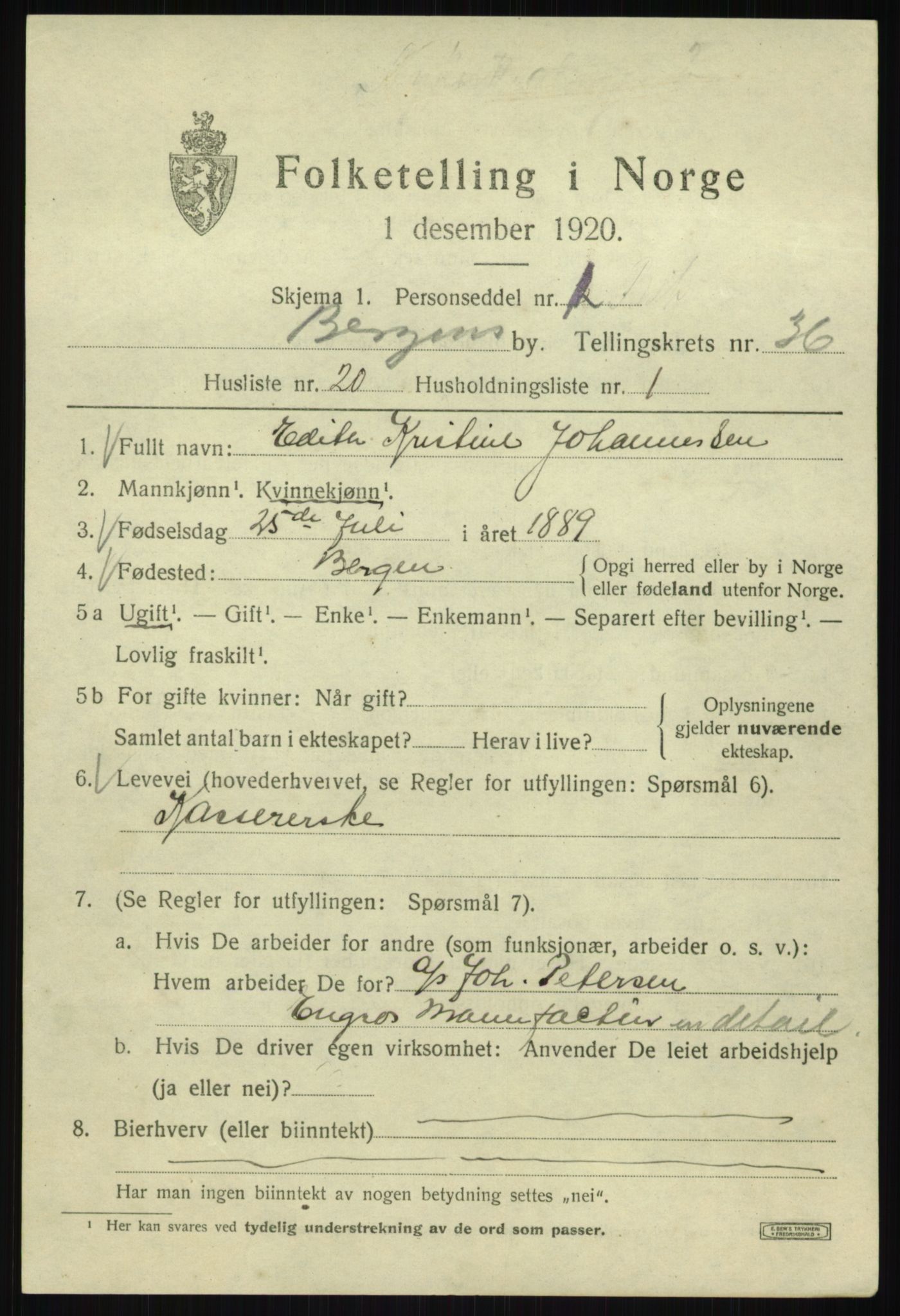 SAB, 1920 census for Bergen, 1920, p. 103394