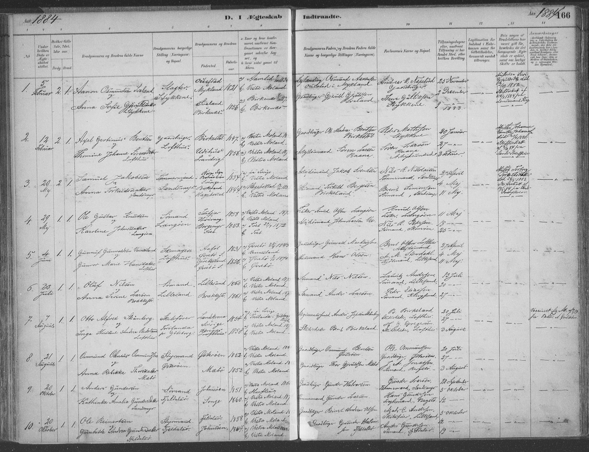 Vestre Moland sokneprestkontor, SAK/1111-0046/F/Fa/Fab/L0009: Parish register (official) no. A 9, 1884-1899, p. 166