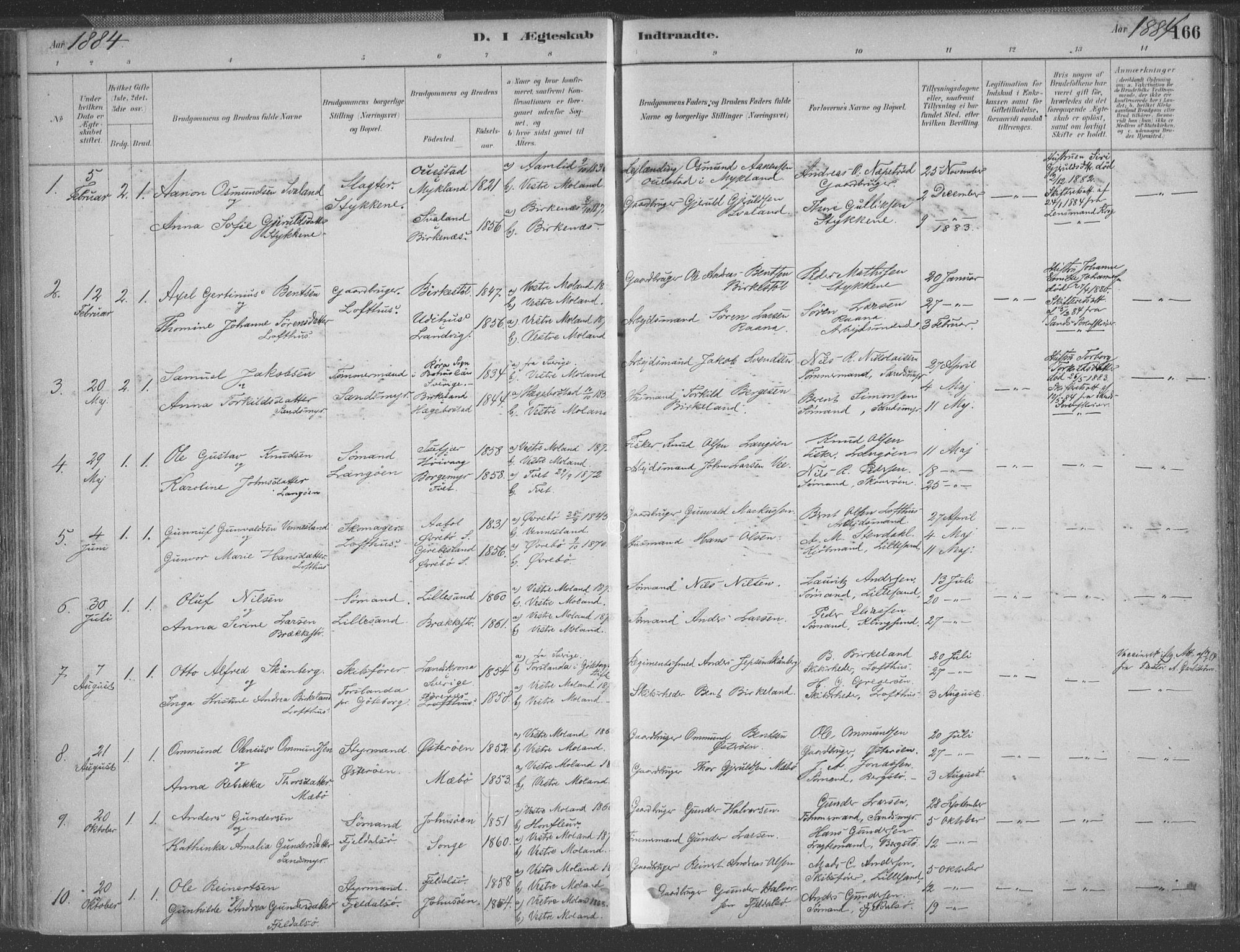 Vestre Moland sokneprestkontor, AV/SAK-1111-0046/F/Fa/Fab/L0009: Parish register (official) no. A 9, 1884-1899, p. 166