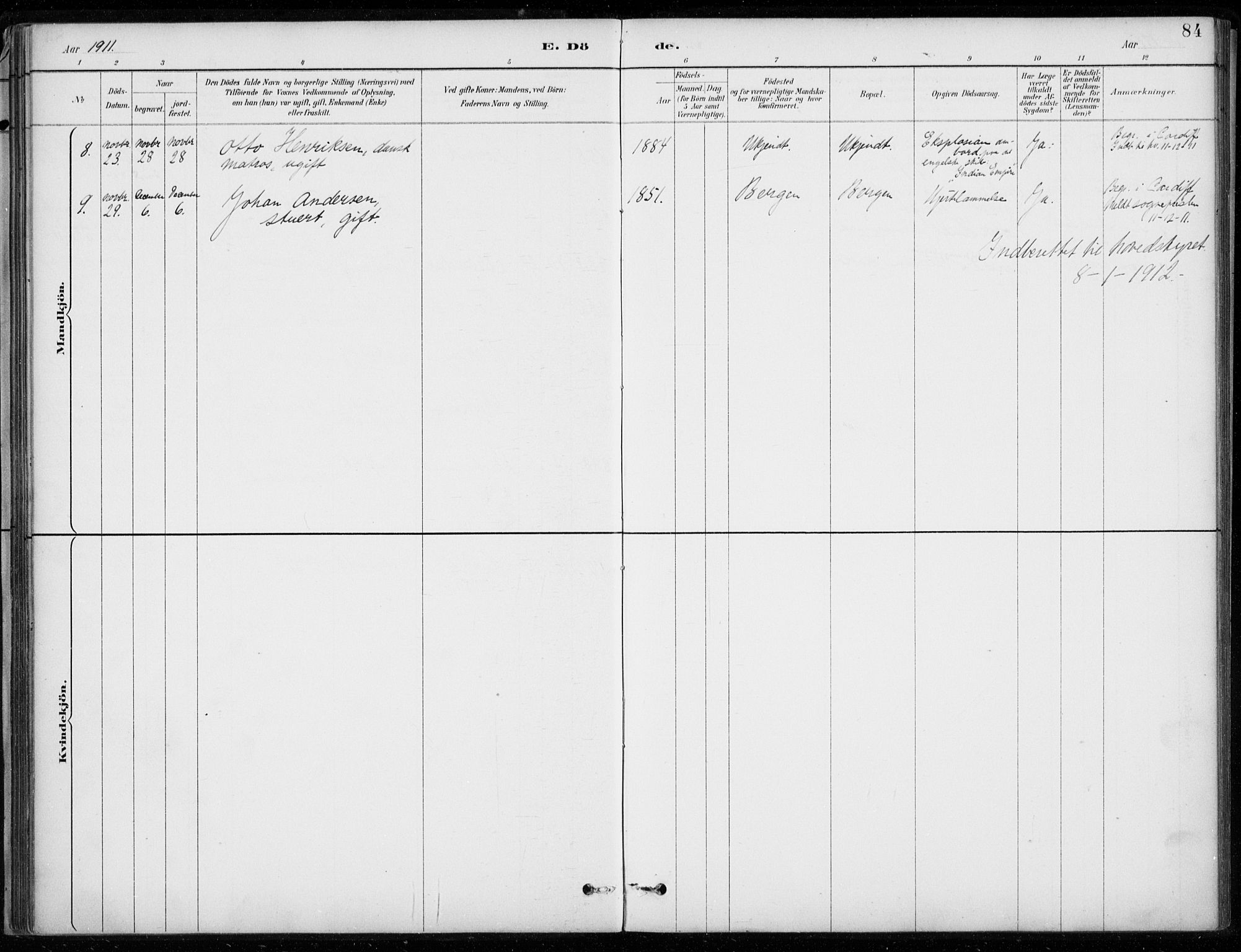 Den norske sjømannsmisjon i utlandet/Bristolhavnene(Cardiff-Swansea), SAB/SAB/PA-0102/H/Ha/Haa/L0002: Parish register (official) no. A 2, 1887-1932, p. 84