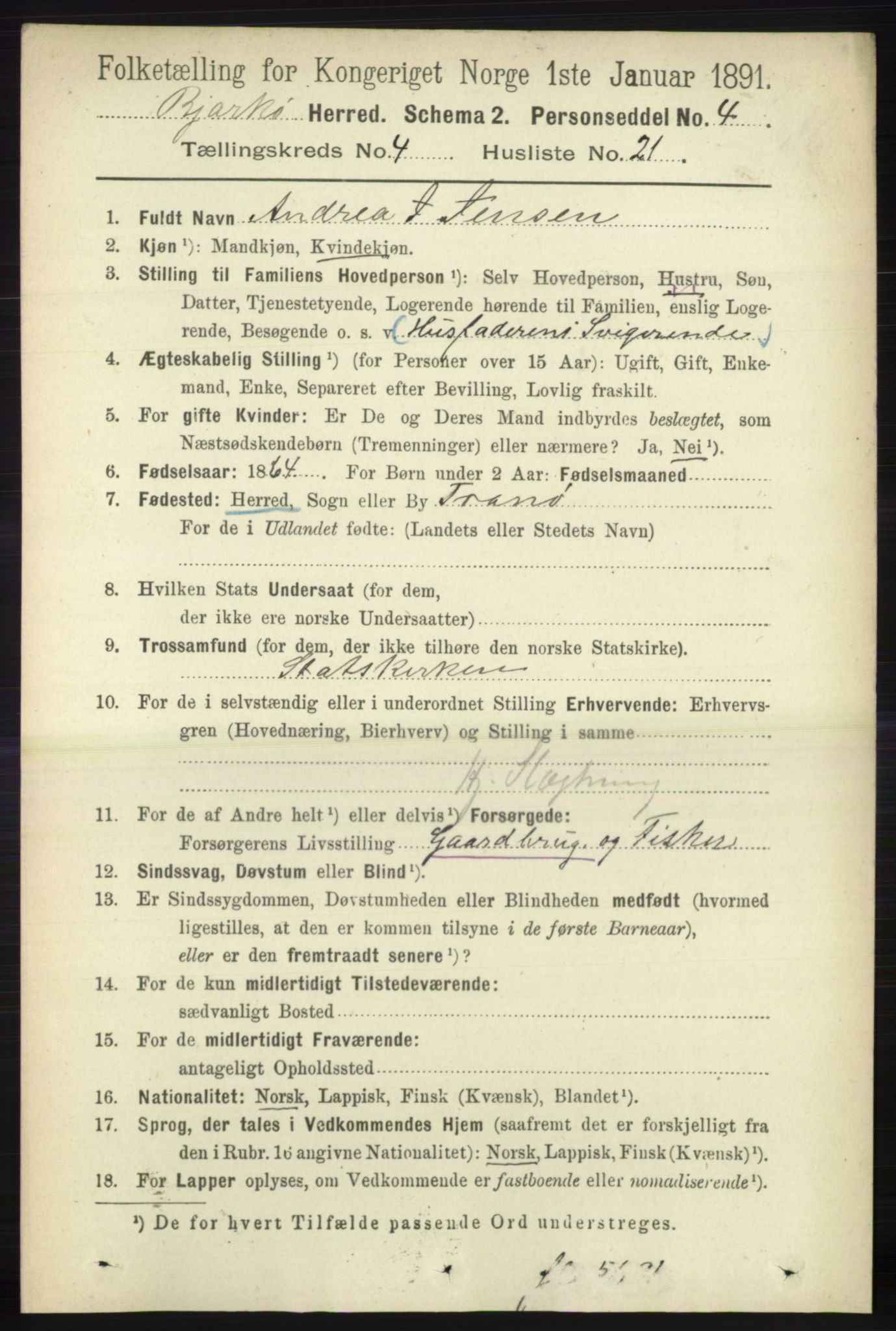 RA, 1891 census for 1915 Bjarkøy, 1891, p. 2039