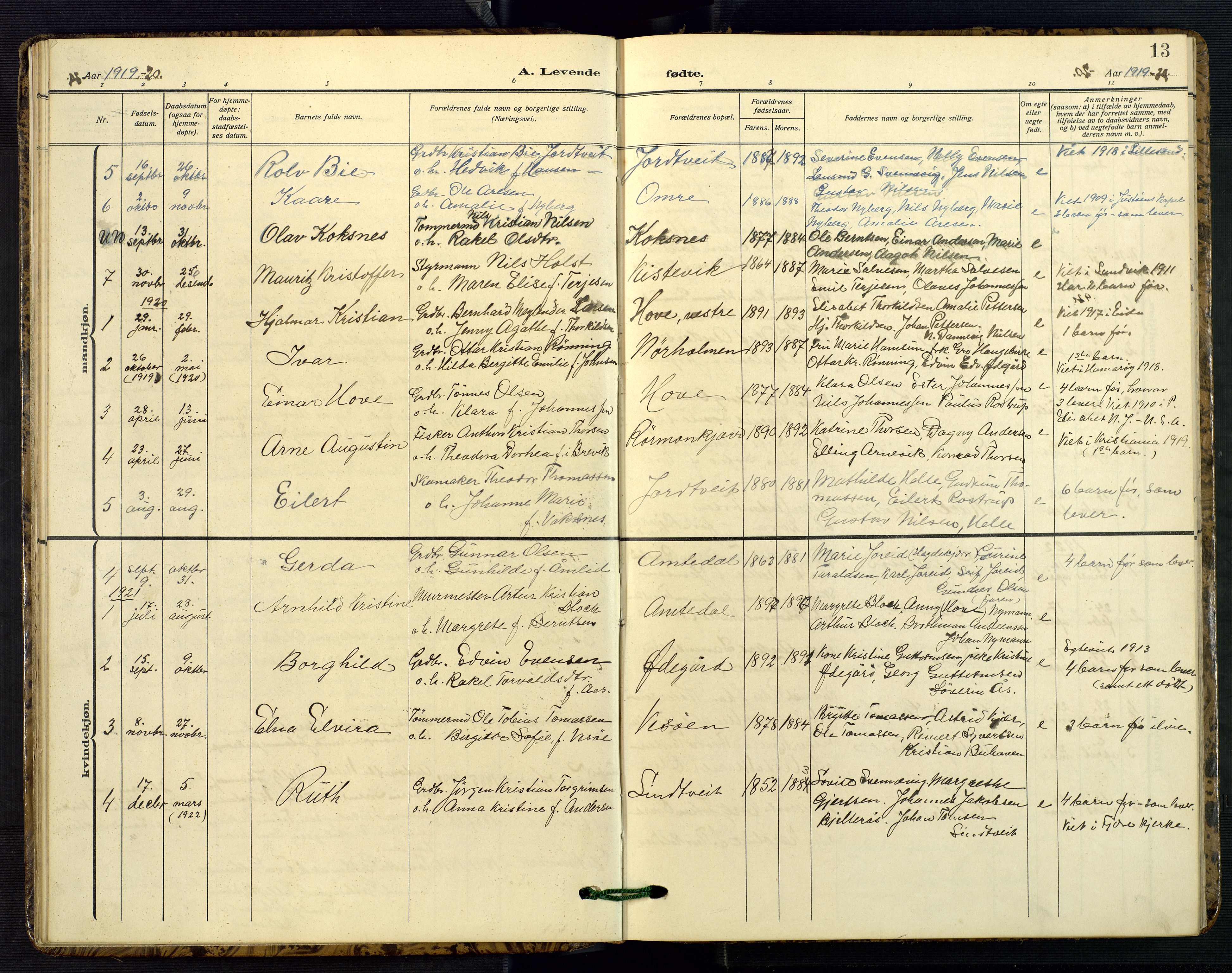 Hommedal sokneprestkontor, SAK/1111-0023/F/Fb/Fba/L0005: Parish register (copy) no. B 5, 1909-1957, p. 13