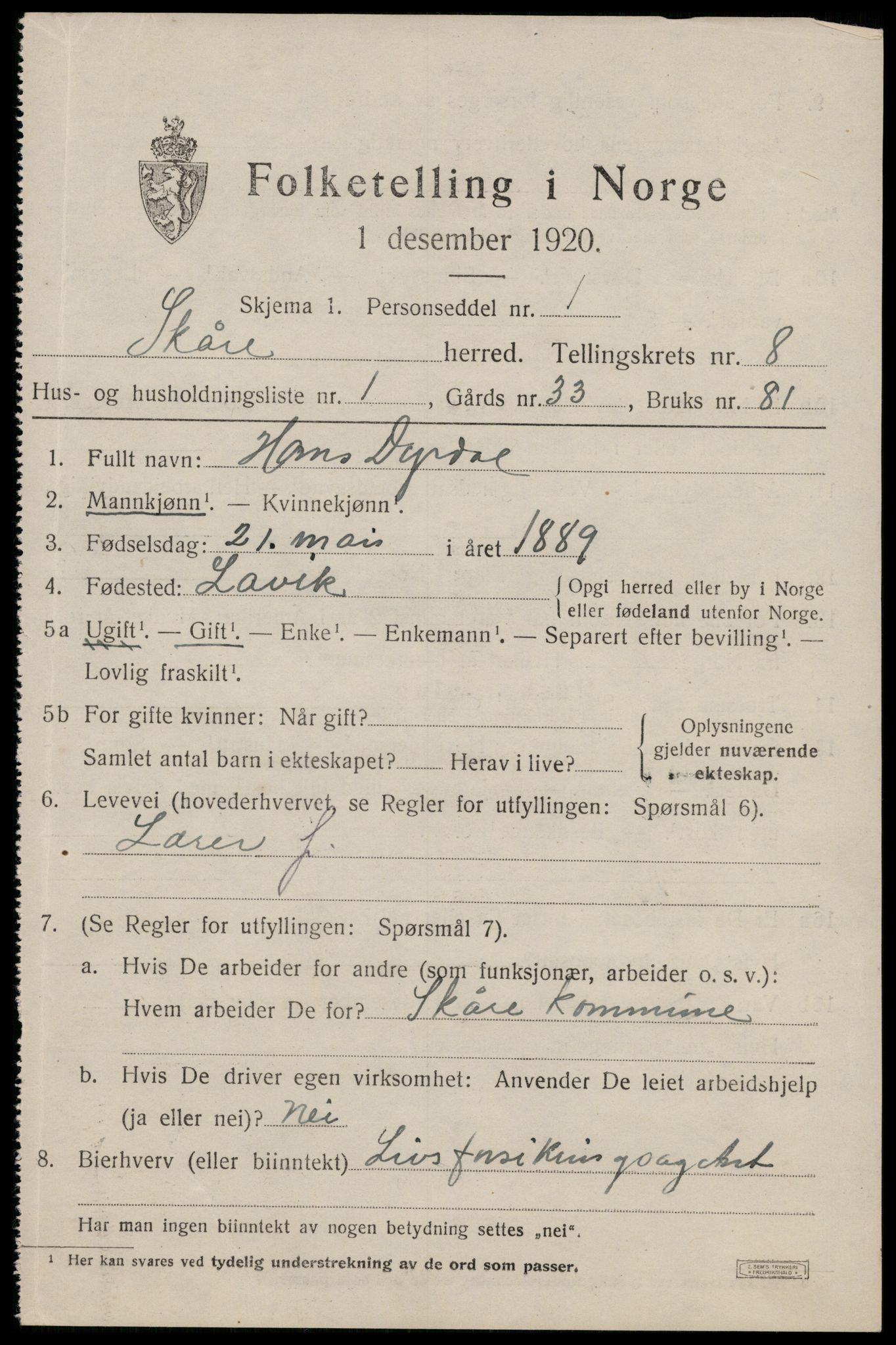 SAST, 1920 census for Skåre, 1920, p. 5716