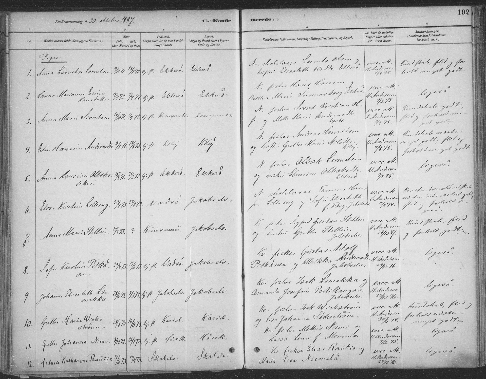 Vadsø sokneprestkontor, SATØ/S-1325/H/Ha/L0009kirke: Parish register (official) no. 9, 1881-1917, p. 192