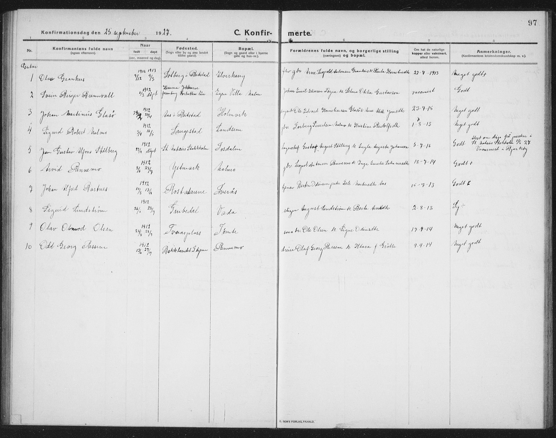 Ministerialprotokoller, klokkerbøker og fødselsregistre - Nord-Trøndelag, AV/SAT-A-1458/745/L0434: Parish register (copy) no. 745C03, 1914-1937, p. 97