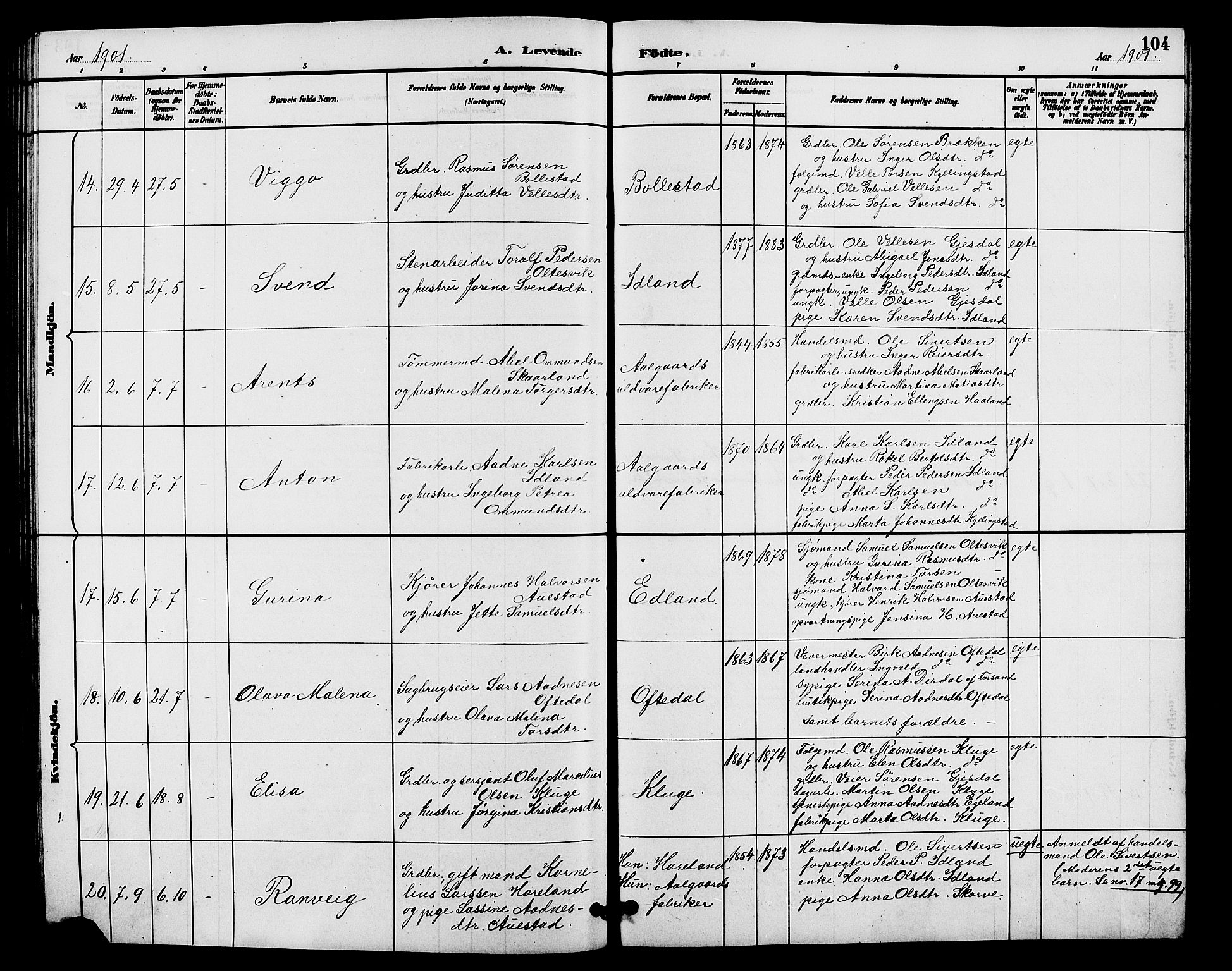 Lye sokneprestkontor, AV/SAST-A-101794/001/30BB/L0008: Parish register (copy) no. B 7, 1887-1901, p. 104