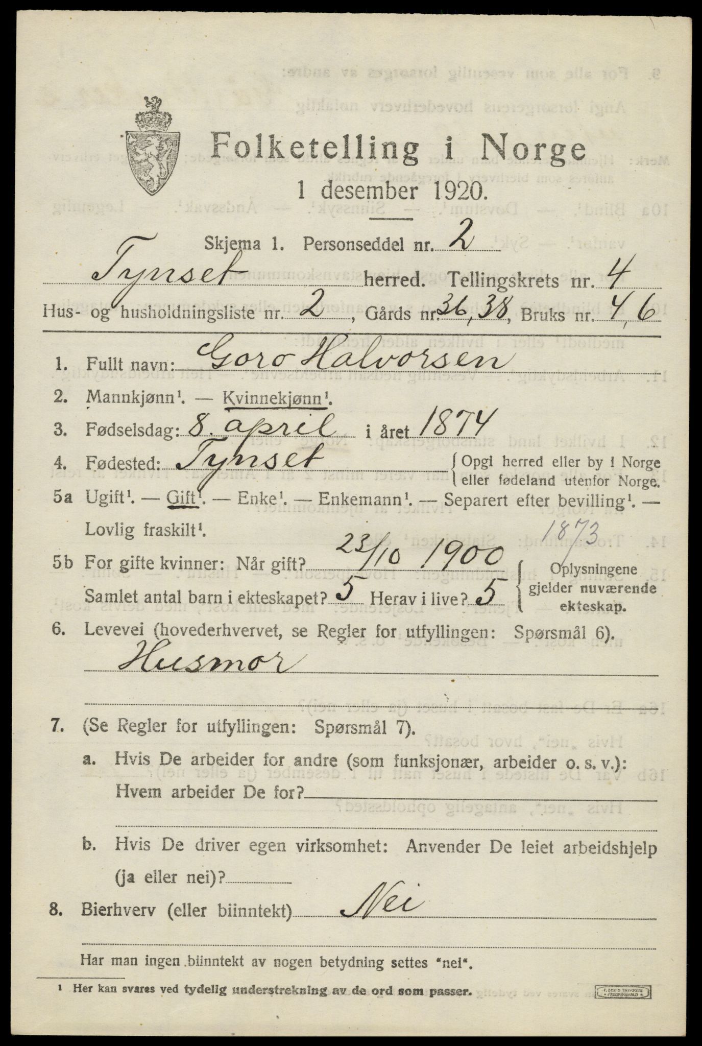 SAH, 1920 census for Tynset, 1920, p. 3188