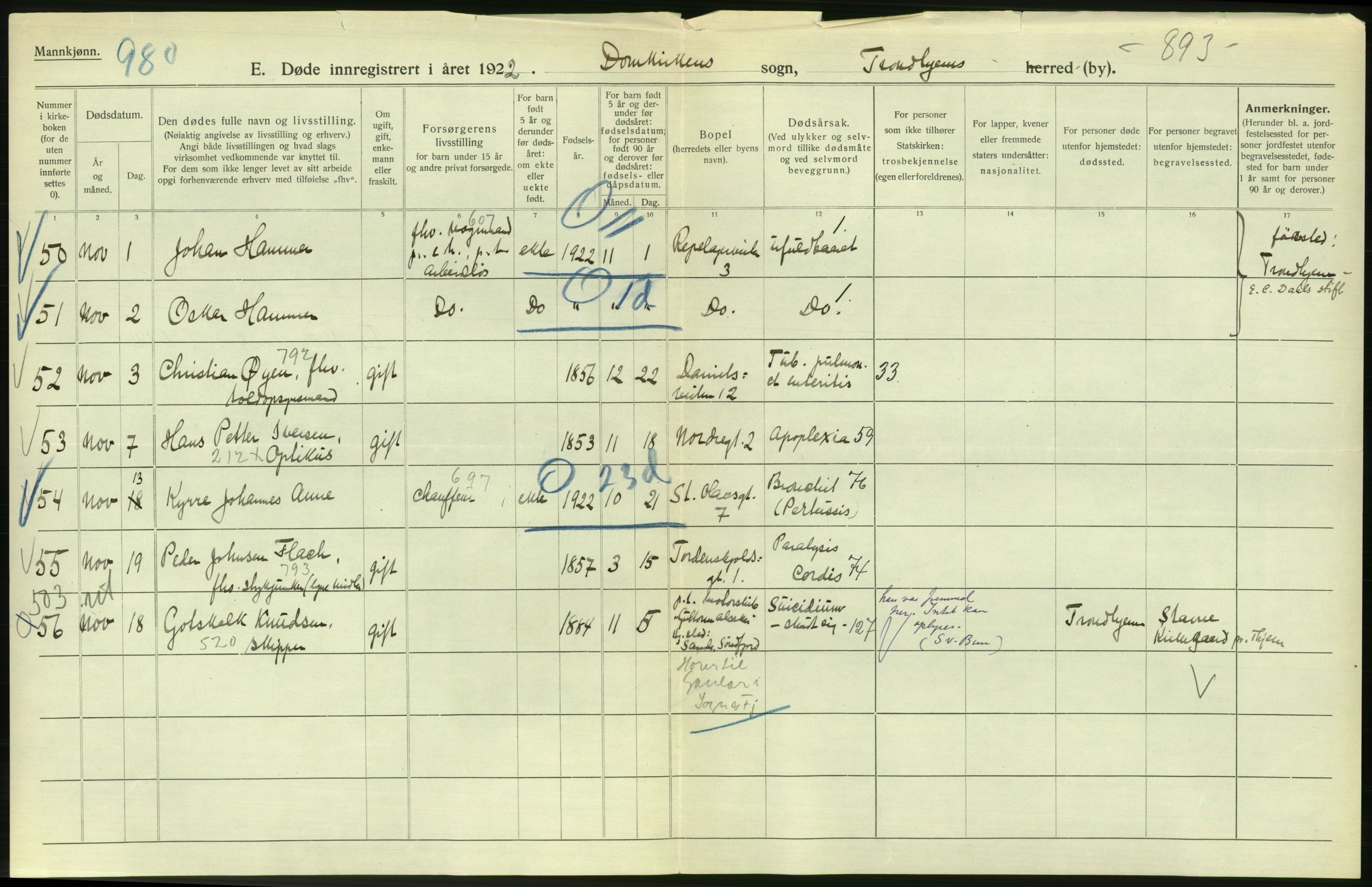 Statistisk sentralbyrå, Sosiodemografiske emner, Befolkning, AV/RA-S-2228/D/Df/Dfc/Dfcb/L0040: Trondheim: Gifte, døde, dødfødte., 1922, p. 366