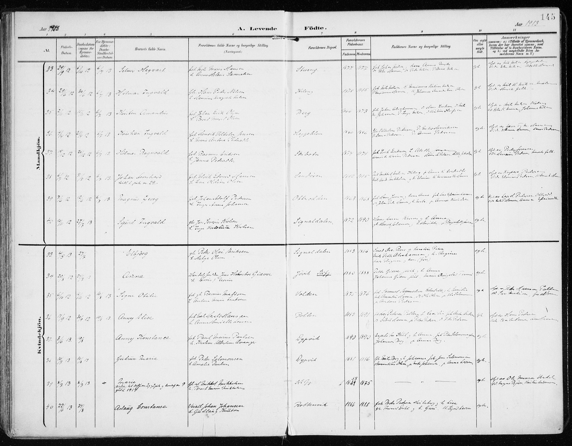 Lyngen sokneprestembete, SATØ/S-1289/H/He/Hea/L0011kirke: Parish register (official) no. 11, 1903-1913, p. 145