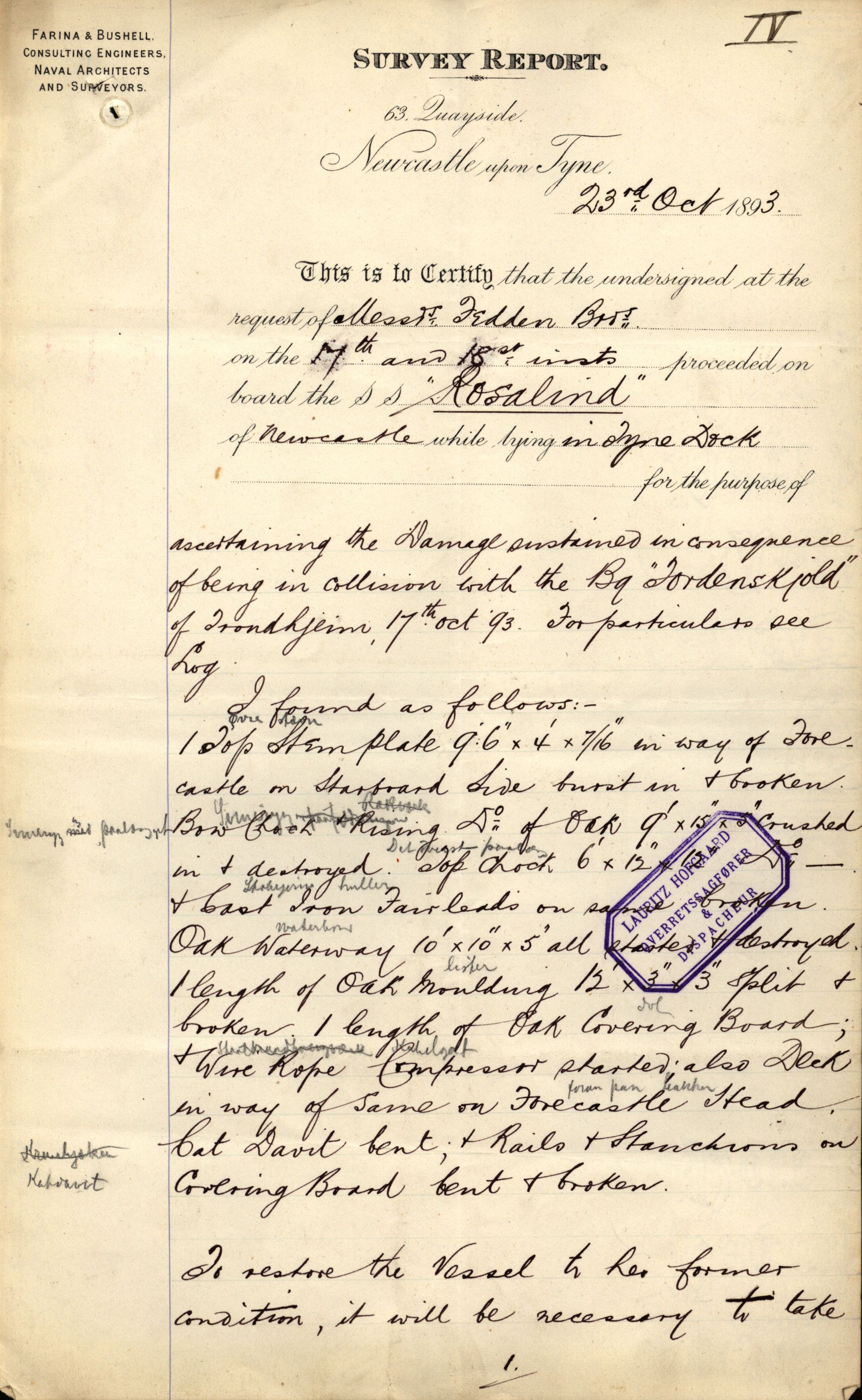 Pa 63 - Østlandske skibsassuranceforening, VEMU/A-1079/G/Ga/L0030/0003: Havaridokumenter / Rex, Salus, Schweigaard, Seladon, Titania, Tordenskjold av Trondhjem, 1893, p. 84