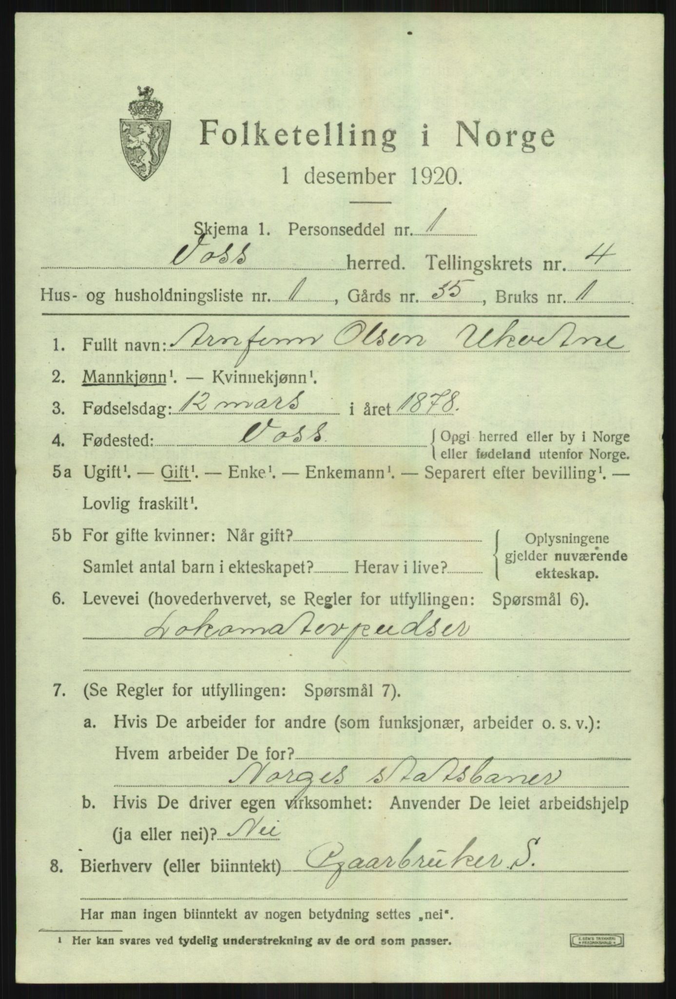 SAB, 1920 census for Voss, 1920, p. 4467