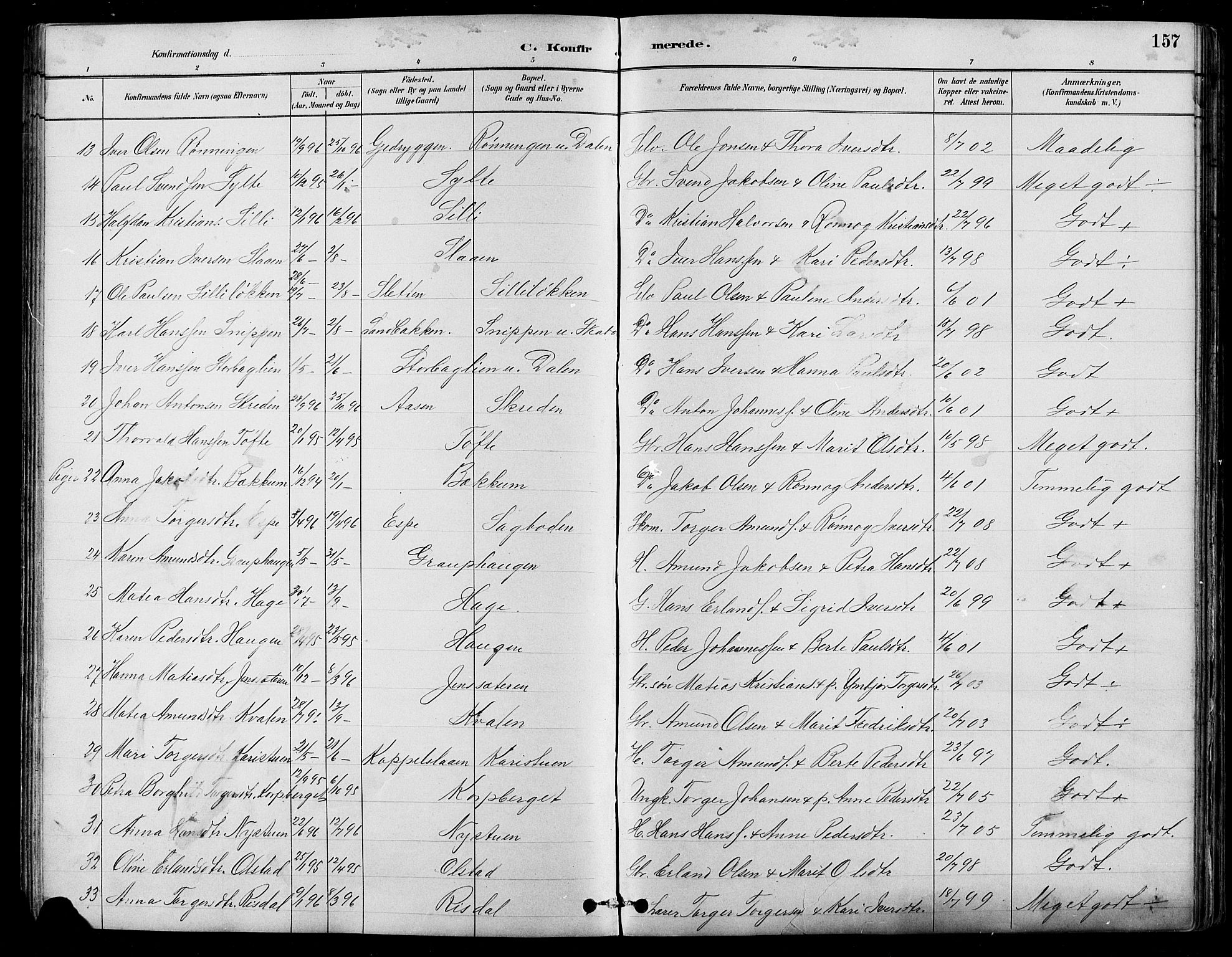 Nord-Fron prestekontor, SAH/PREST-080/H/Ha/Hab/L0005: Parish register (copy) no. 5, 1884-1914, p. 157