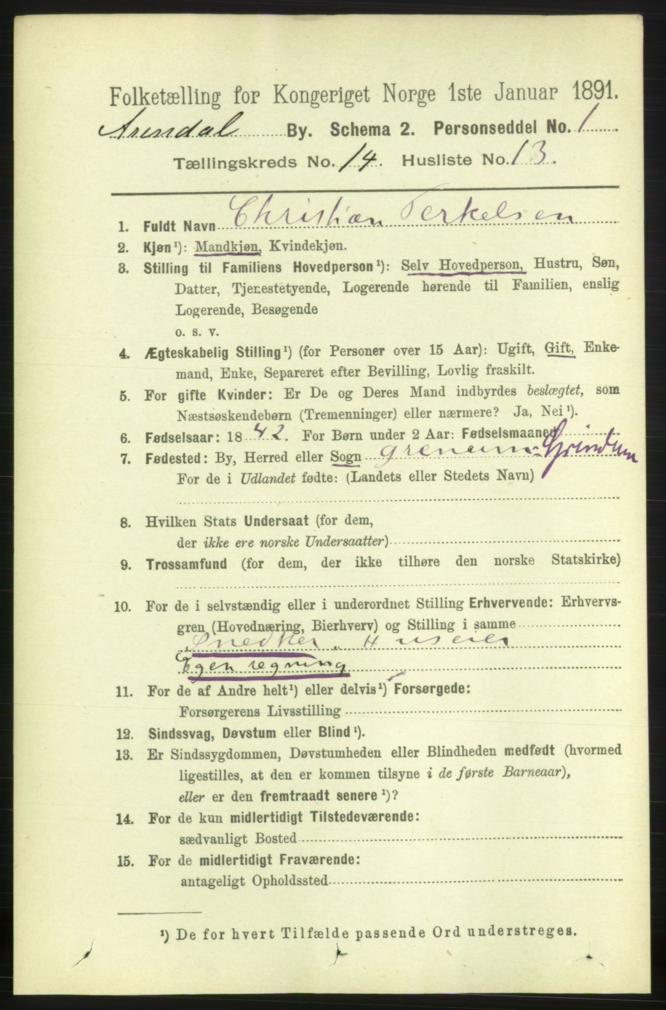 RA, 1891 census for 0903 Arendal, 1891, p. 4880