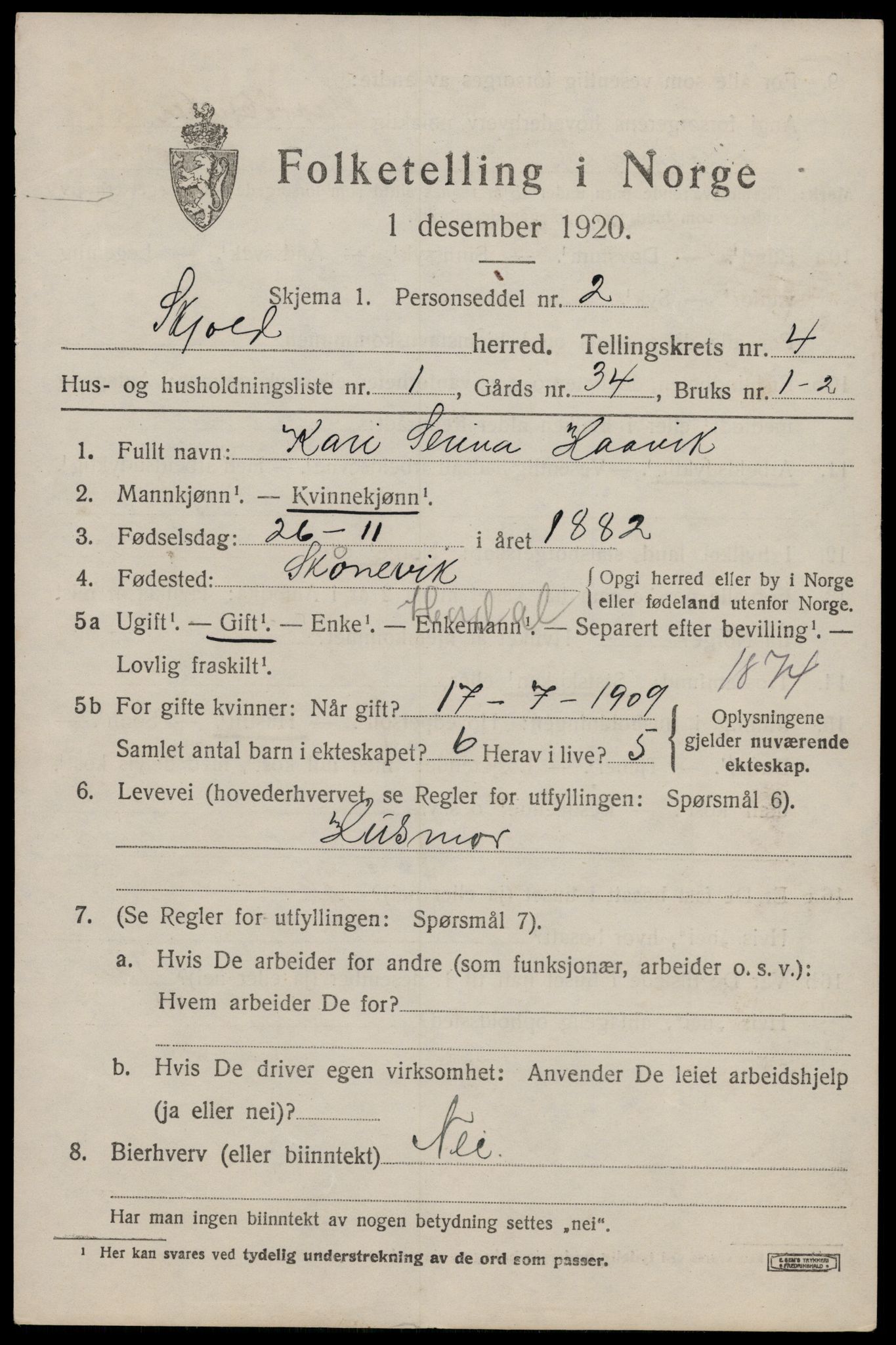 SAST, 1920 census for Skjold, 1920, p. 2348