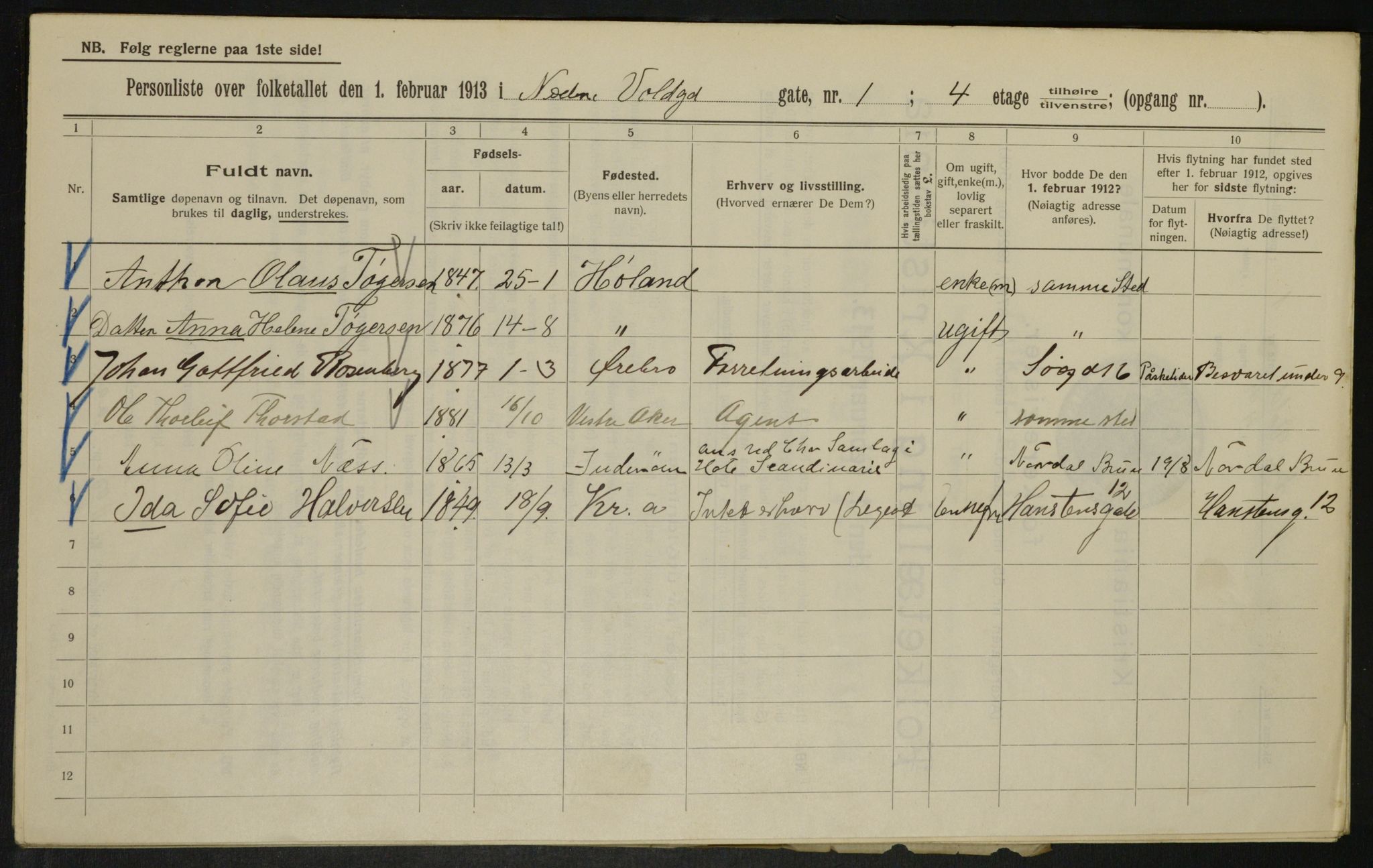 OBA, Municipal Census 1913 for Kristiania, 1913, p. 69523