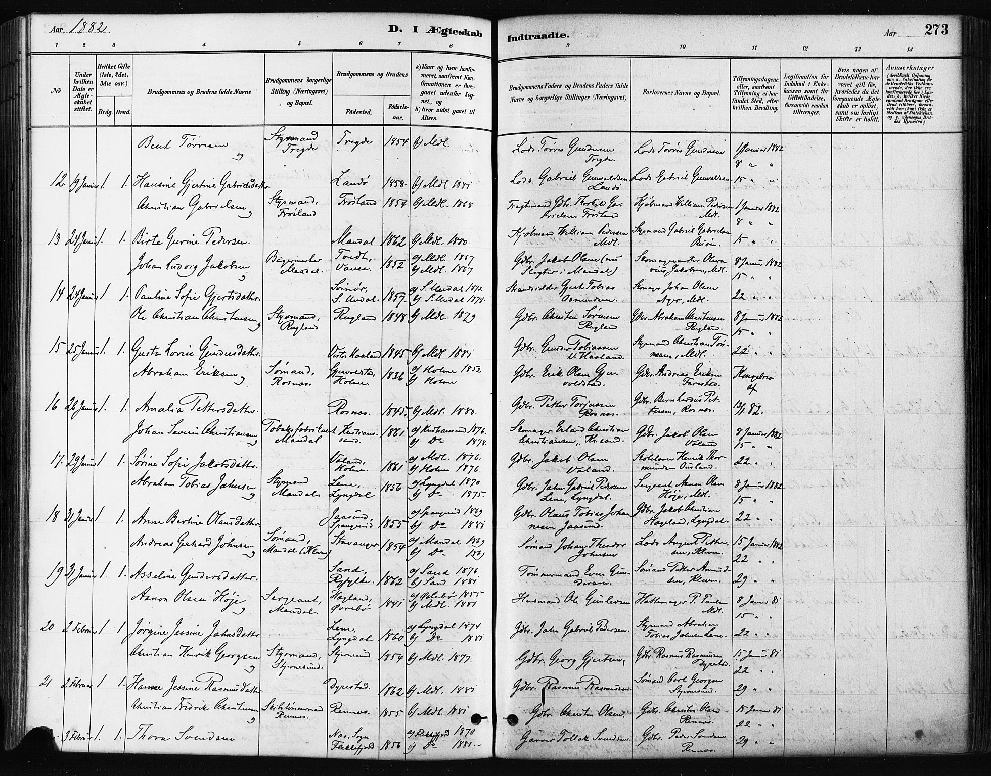 Mandal sokneprestkontor, AV/SAK-1111-0030/F/Fa/Faa/L0016: Parish register (official) no. A 16, 1880-1890, p. 273