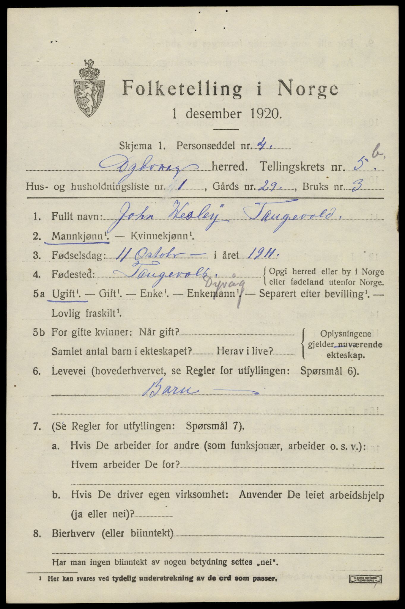 SAK, 1920 census for Dypvåg, 1920, p. 4669