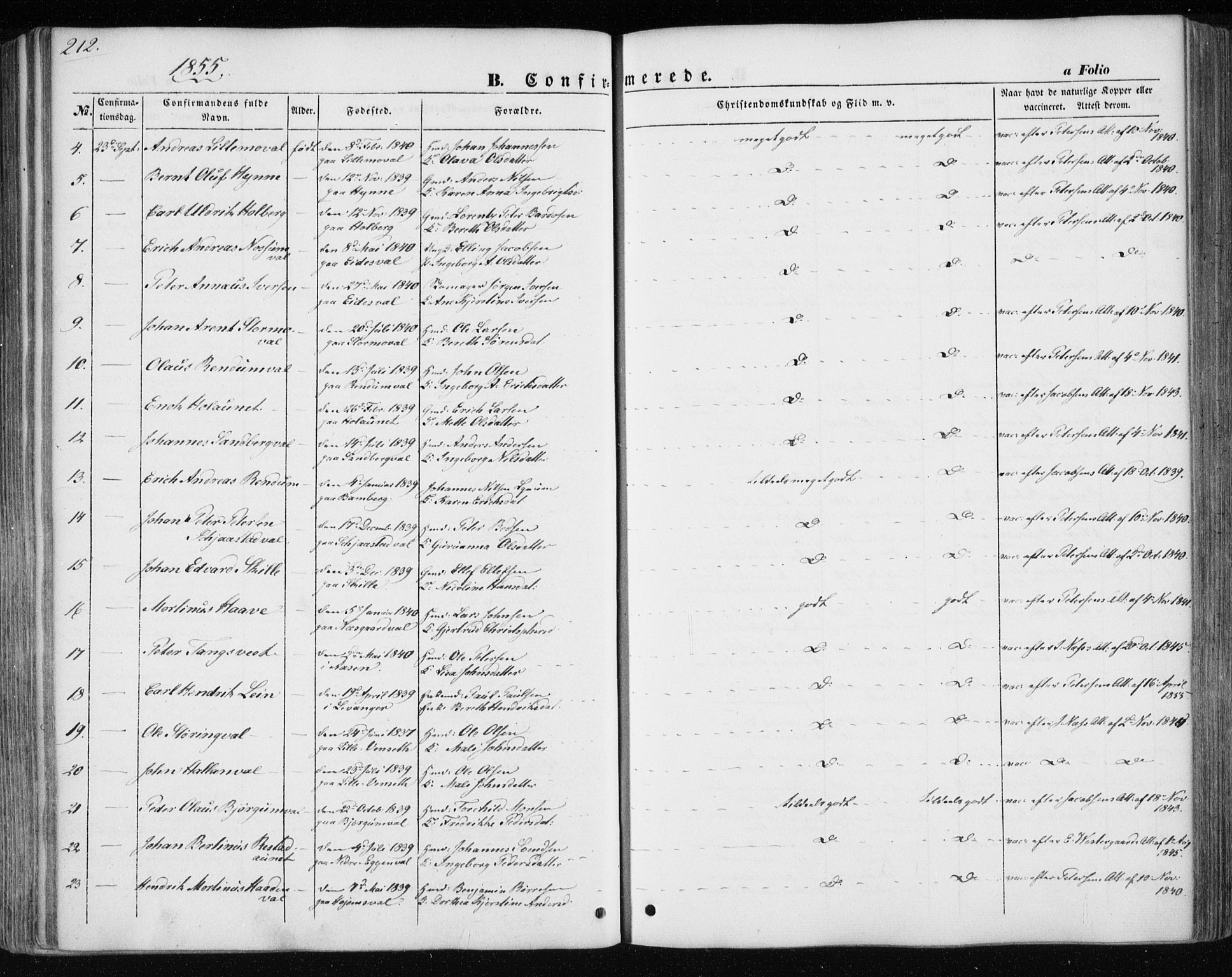 Ministerialprotokoller, klokkerbøker og fødselsregistre - Nord-Trøndelag, AV/SAT-A-1458/717/L0154: Parish register (official) no. 717A07 /1, 1850-1862, p. 212