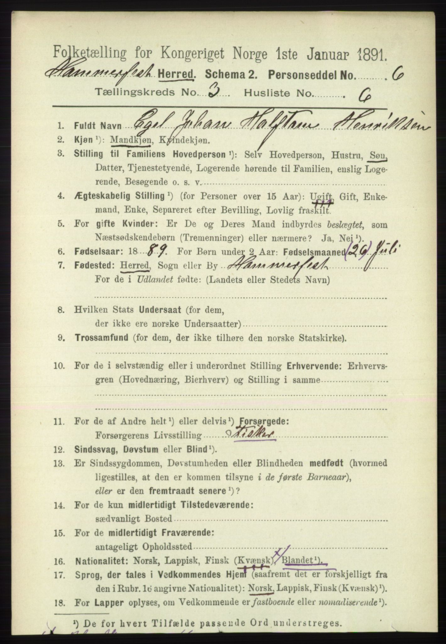 RA, 1891 census for 2016 Hammerfest, 1891, p. 1043