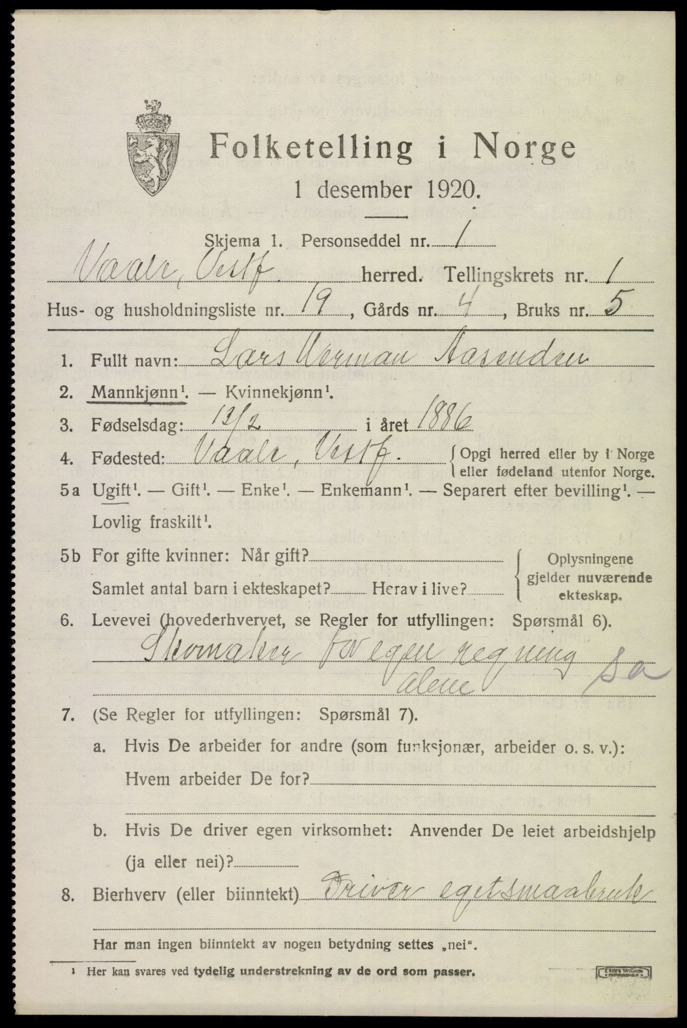 SAKO, 1920 census for Våle, 1920, p. 1280