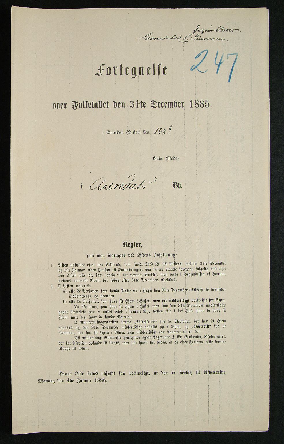 SAK, 1885 census for 0903 Arendal, 1885, p. 247