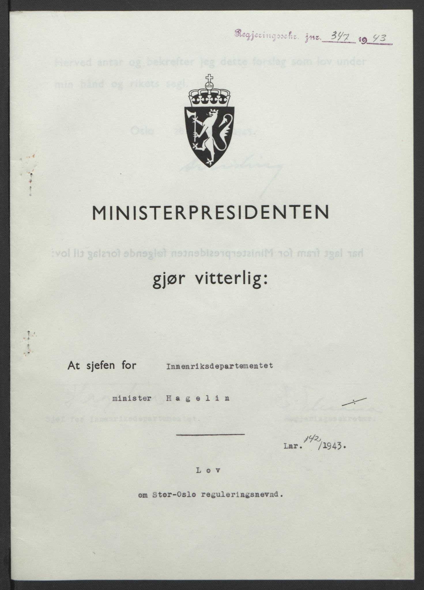 NS-administrasjonen 1940-1945 (Statsrådsekretariatet, de kommisariske statsråder mm), AV/RA-S-4279/D/Db/L0099: Lover, 1943, p. 661