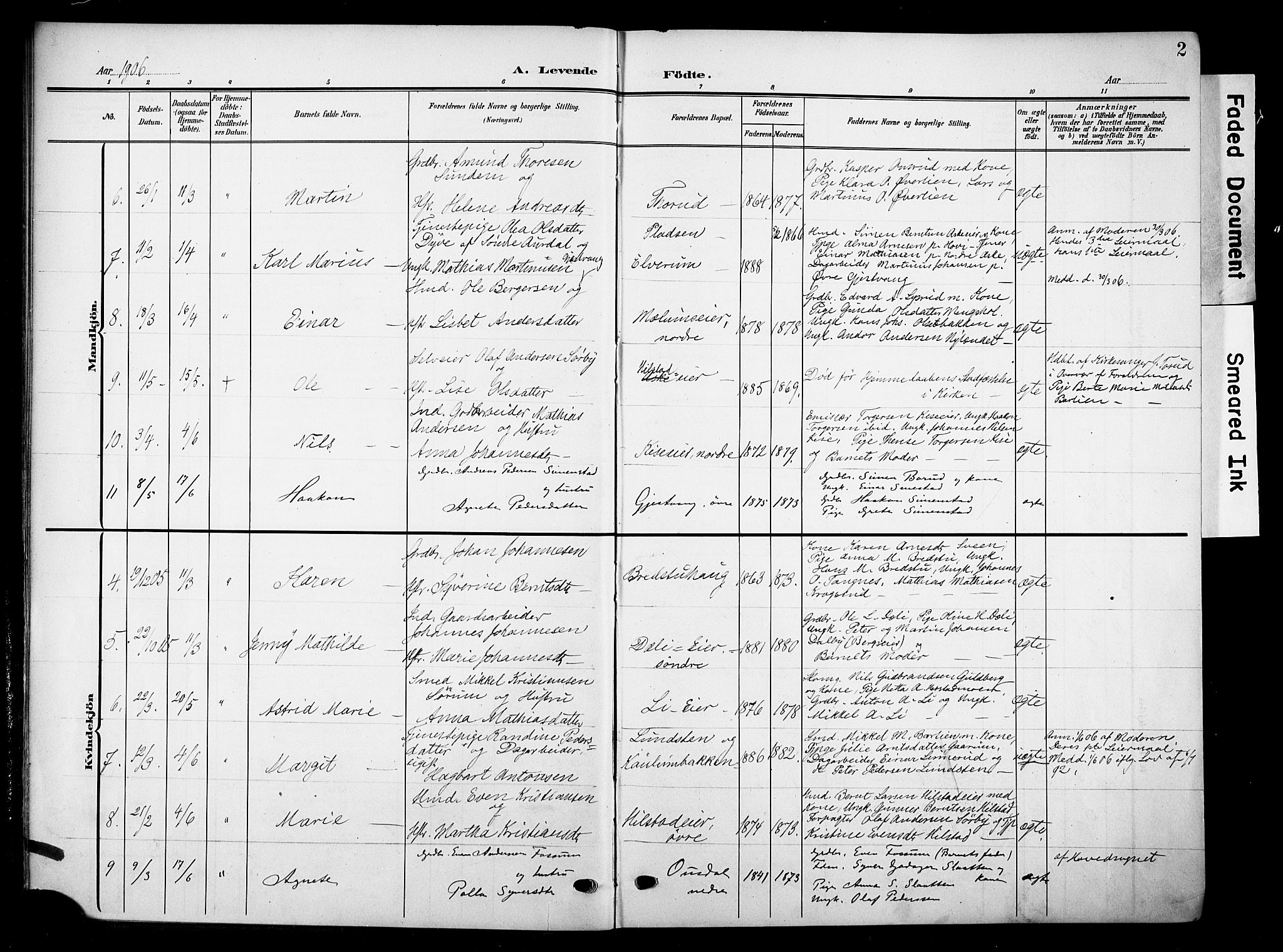 Nes prestekontor, Hedmark, SAH/PREST-020/K/Ka/L0013: Parish register (official) no. 13, 1906-1924, p. 2