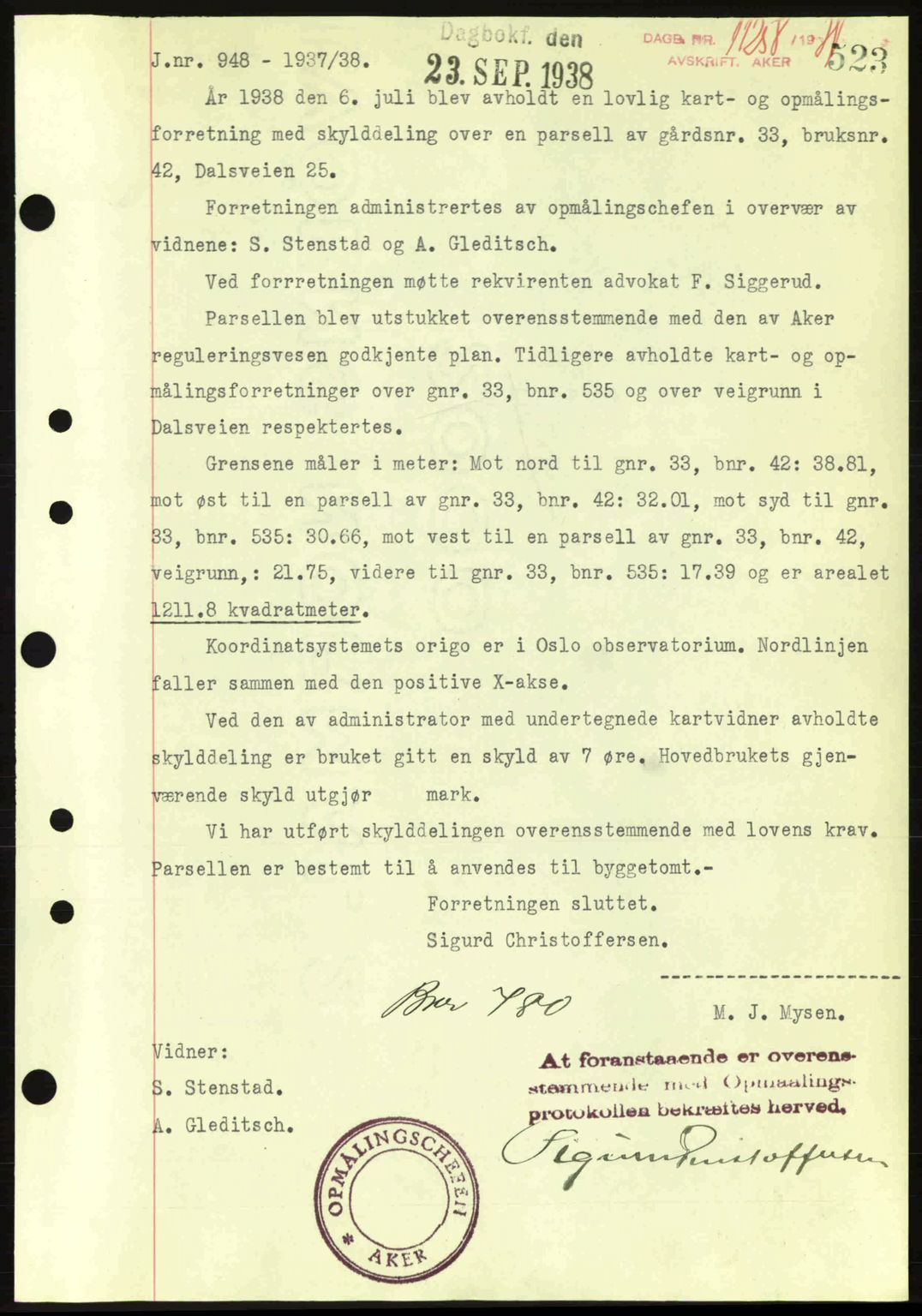 Aker herredsskriveri, SAO/A-10896/G/Gb/Gba/Gbab/L0025: Mortgage book no. A154-155, 1938-1938, Diary no: : 11258/1938