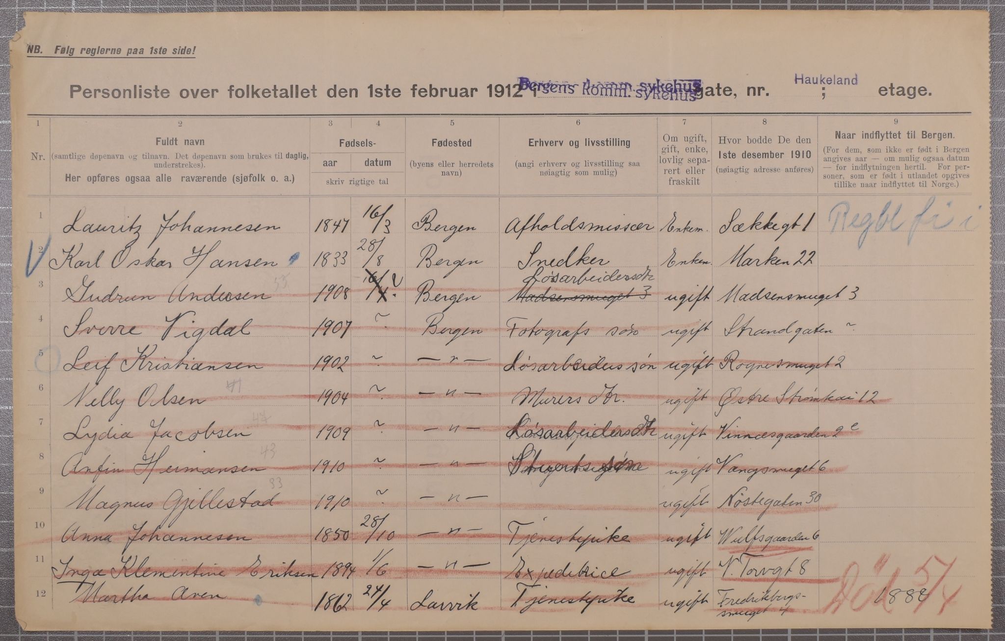 SAB, Municipal Census 1912 for Bergen, 1912, p. 1875