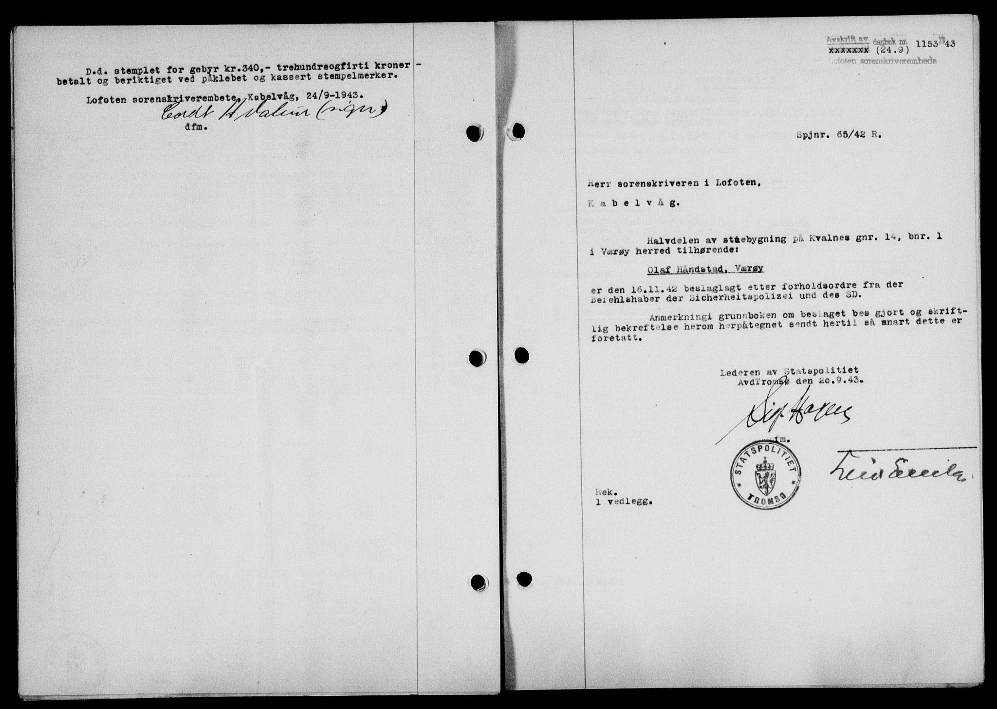 Lofoten sorenskriveri, SAT/A-0017/1/2/2C/L0011a: Mortgage book no. 11a, 1943-1943, Diary no: : 1153/1943