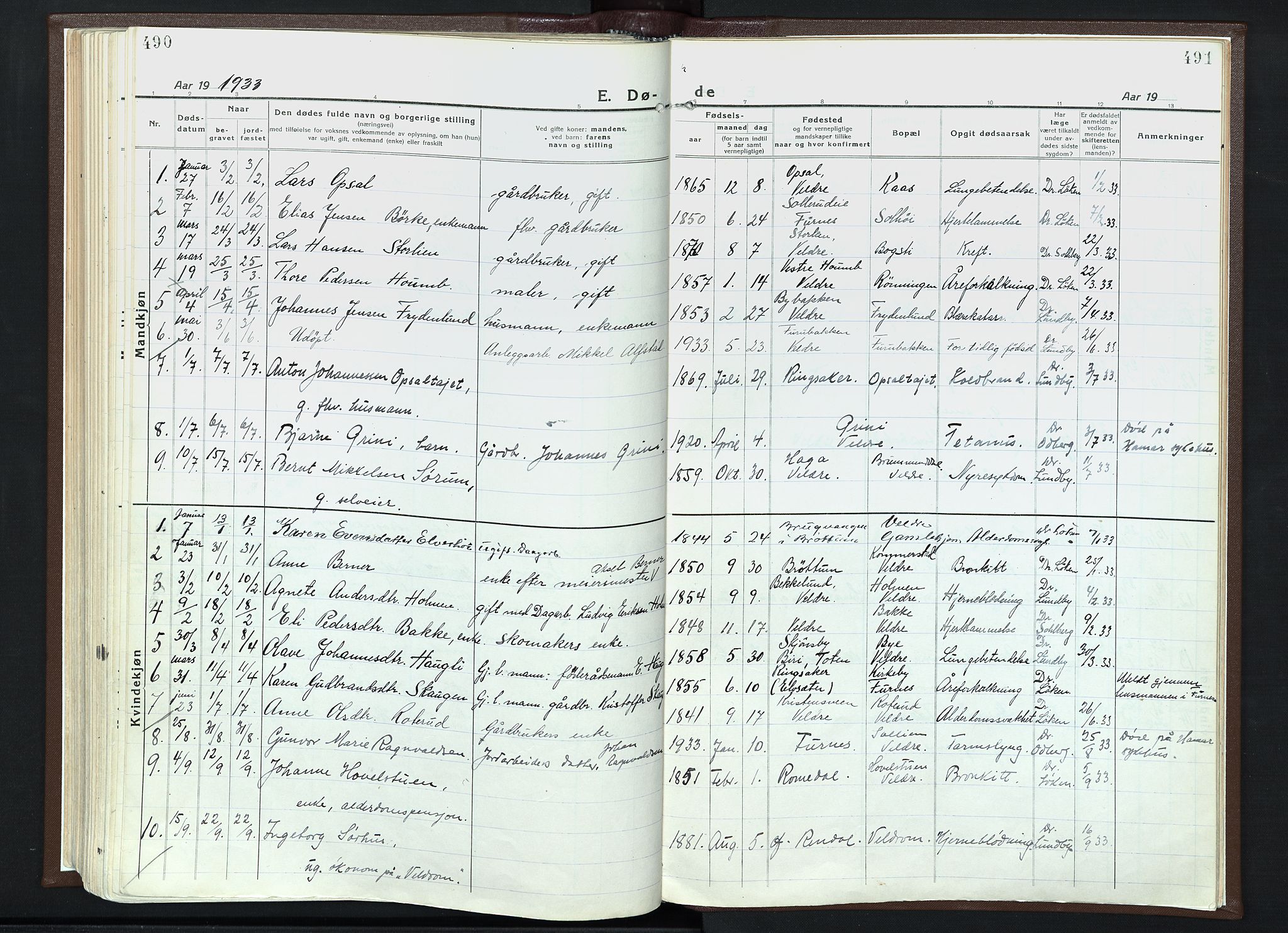 Veldre prestekontor, AV/SAH-PREST-018/K/Ka/L0001: Parish register (official) no. 1, 1921-1934, p. 490-491