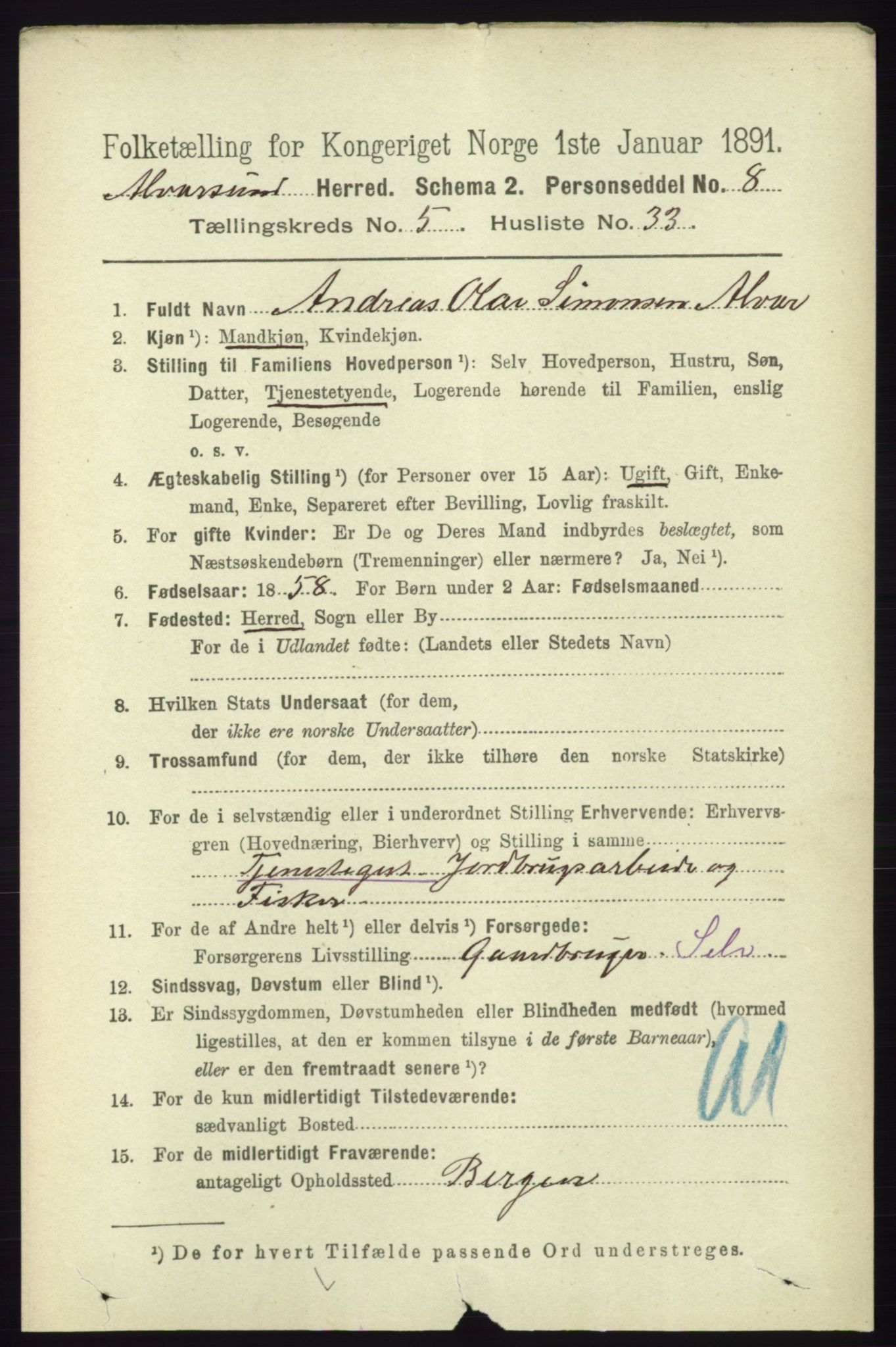 RA, 1891 census for 1257 Alversund, 1891, p. 2001