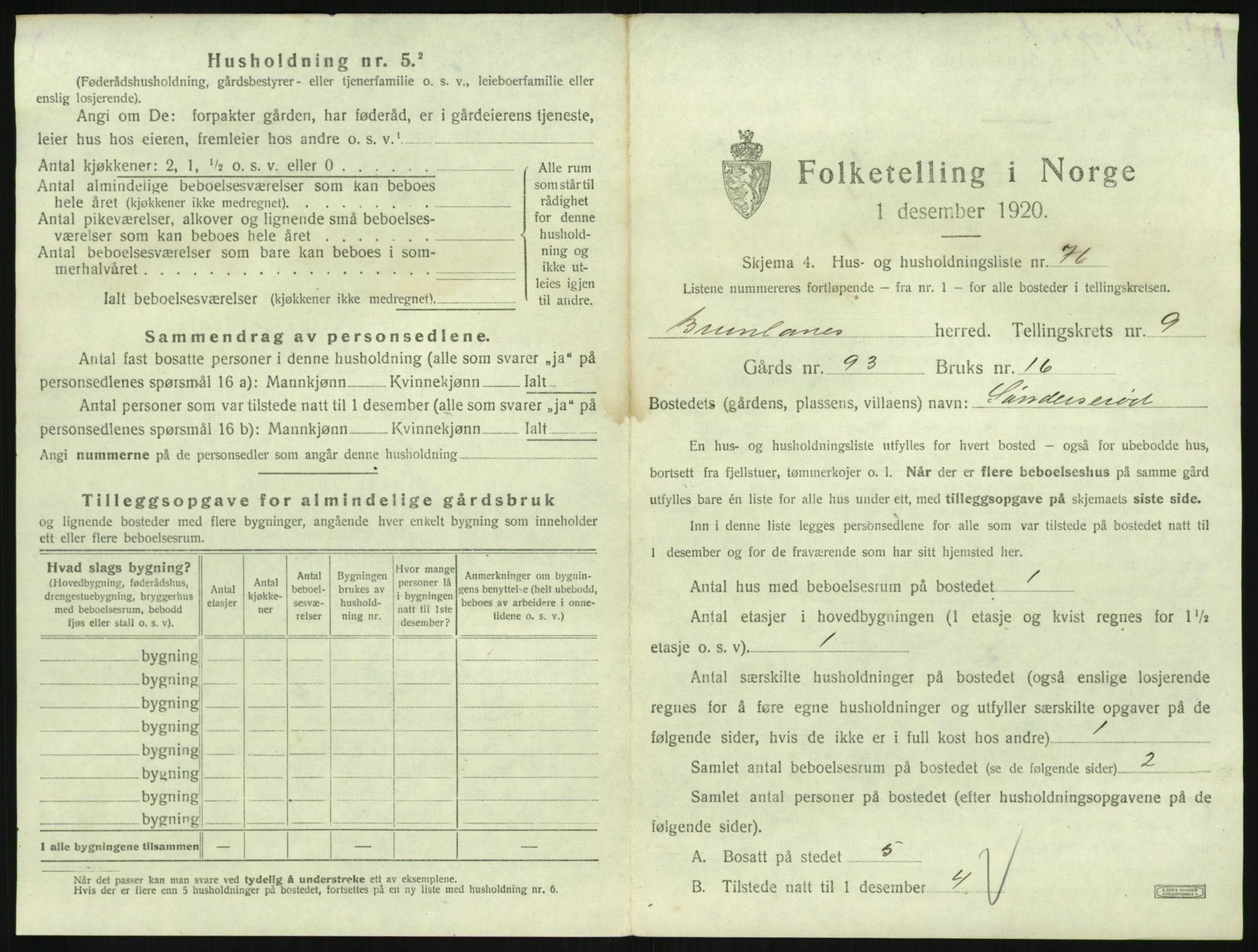 SAKO, 1920 census for Brunlanes, 1920, p. 1231