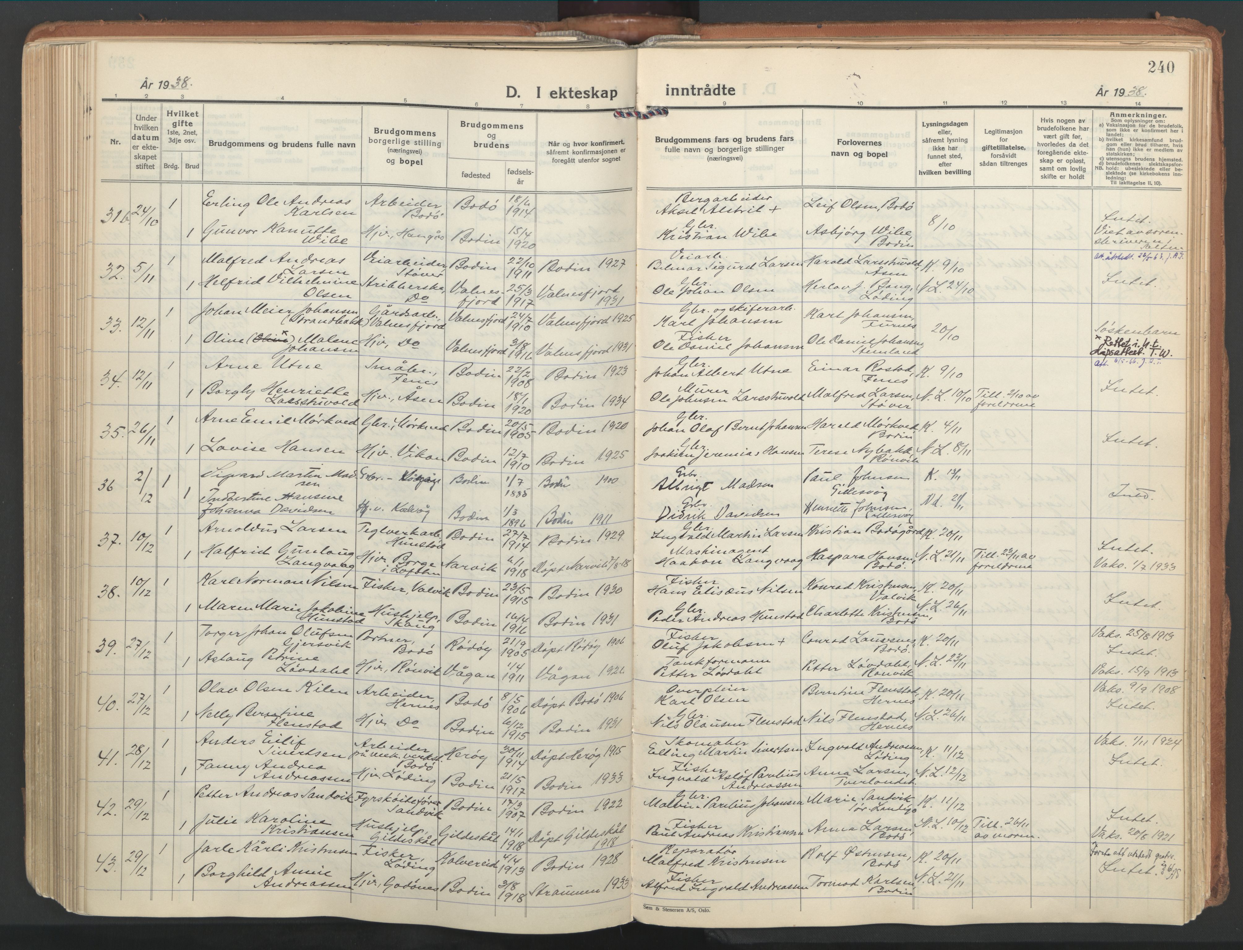 Ministerialprotokoller, klokkerbøker og fødselsregistre - Nordland, SAT/A-1459/802/L0061: Parish register (official) no. 802A08, 1933-1946, p. 240