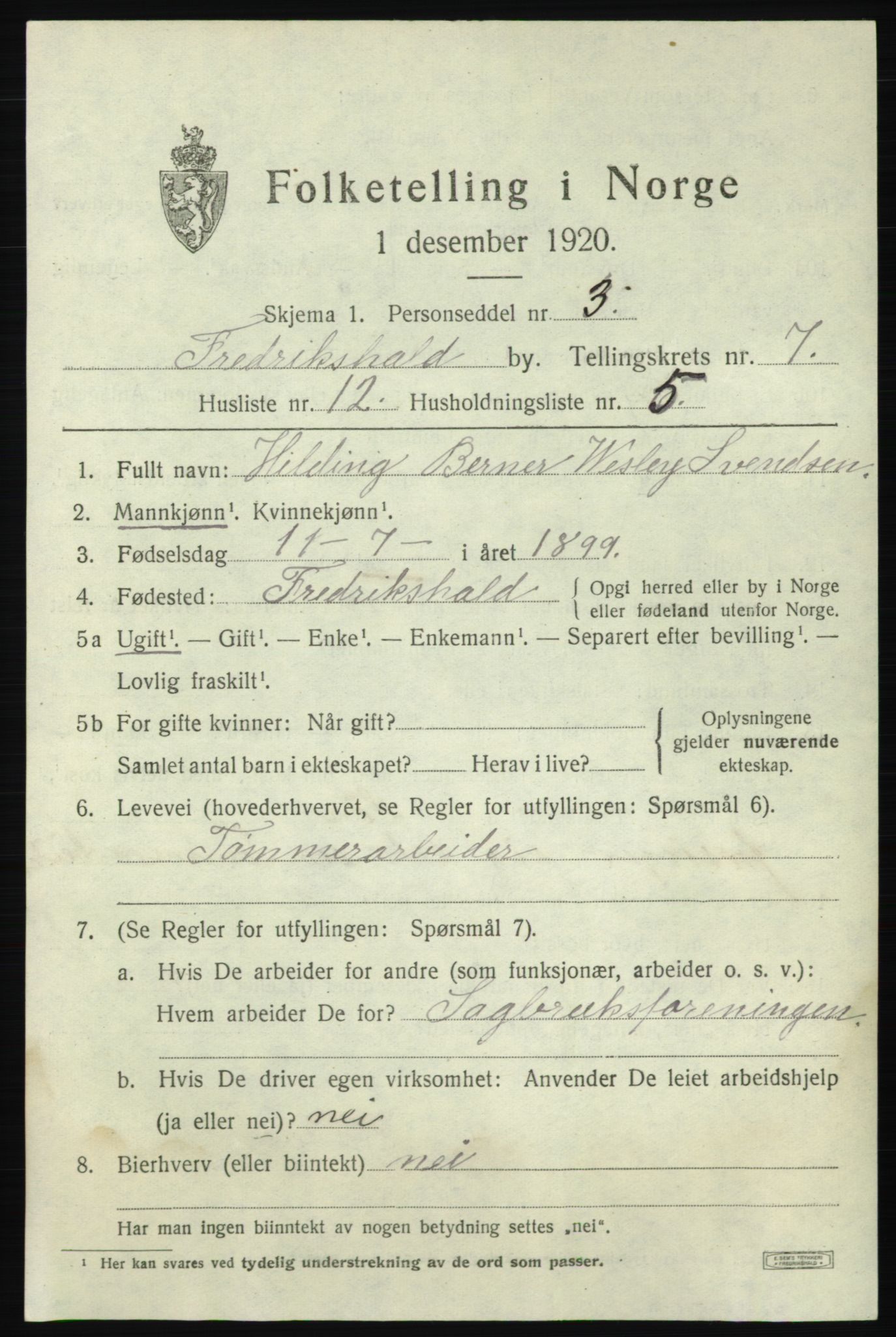 SAO, 1920 census for Fredrikshald, 1920, p. 14080