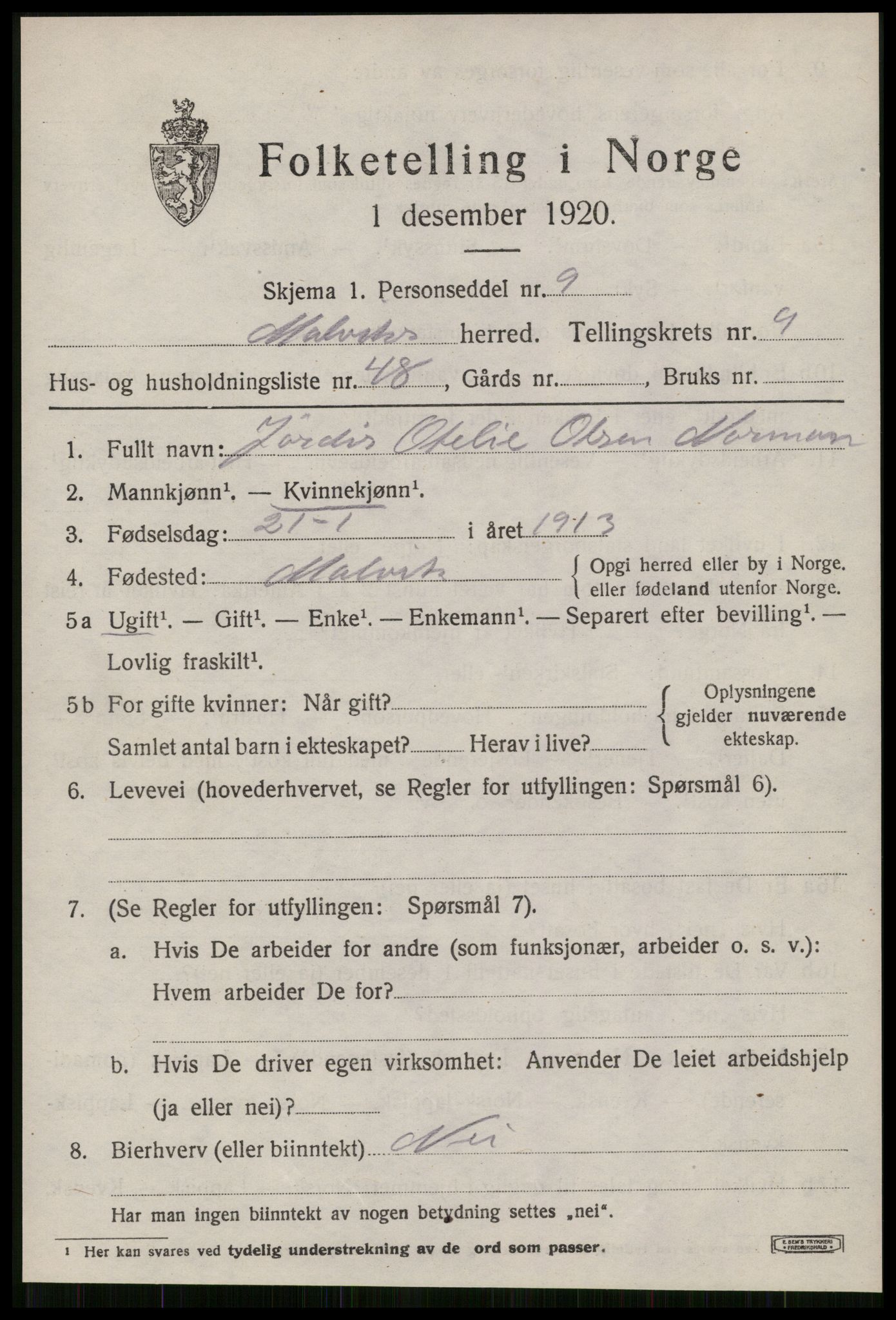 SAT, 1920 census for Malvik, 1920, p. 6246