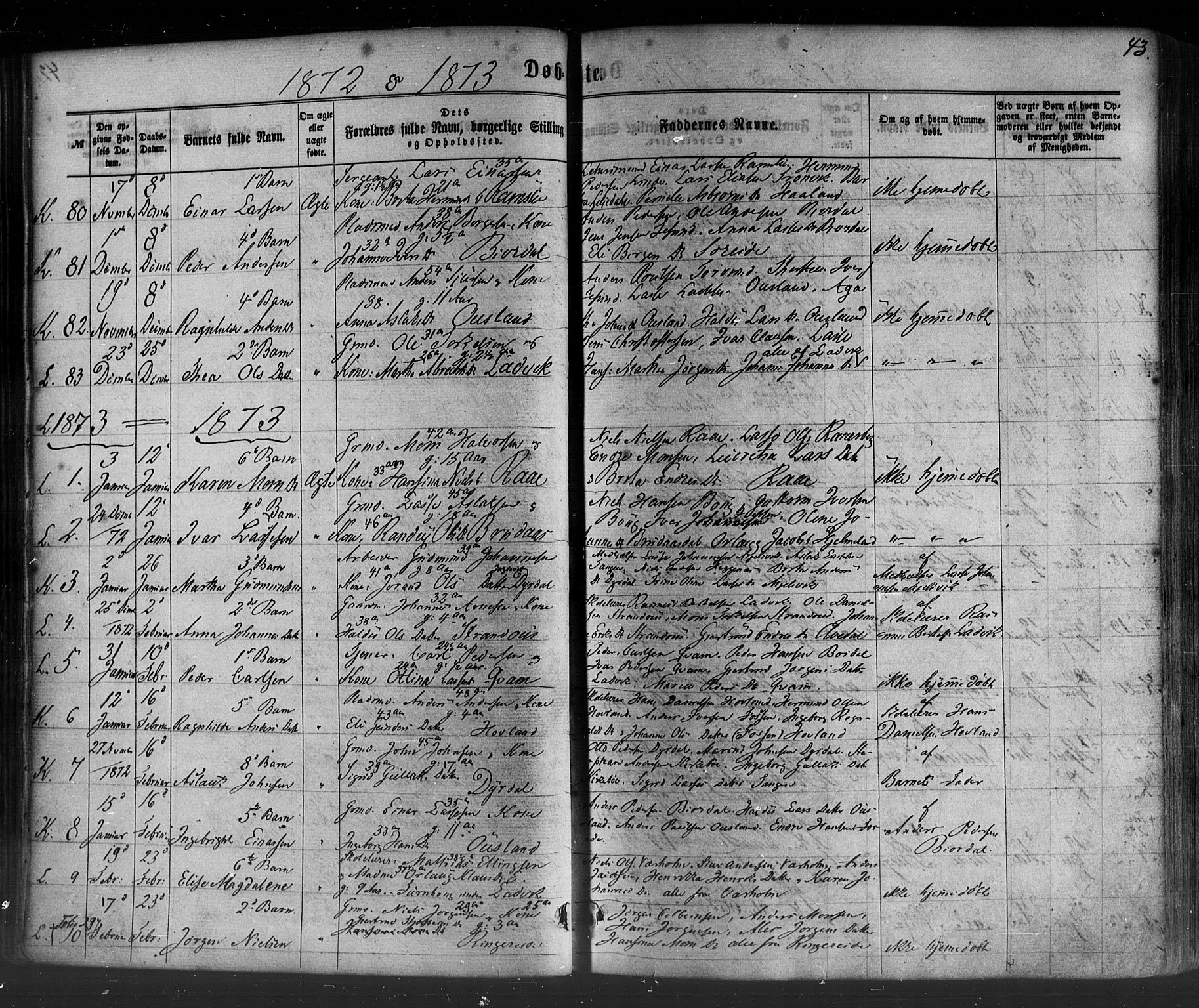 Lavik sokneprestembete, AV/SAB-A-80901: Parish register (official) no. A 4, 1864-1881, p. 43