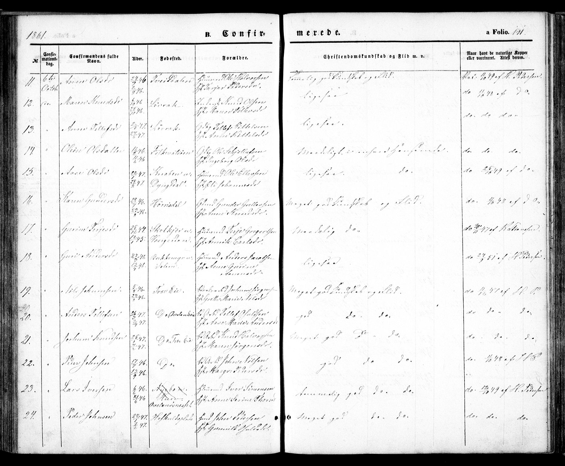 Froland sokneprestkontor, AV/SAK-1111-0013/F/Fa/L0002: Parish register (official) no. A 2, 1845-1863, p. 141