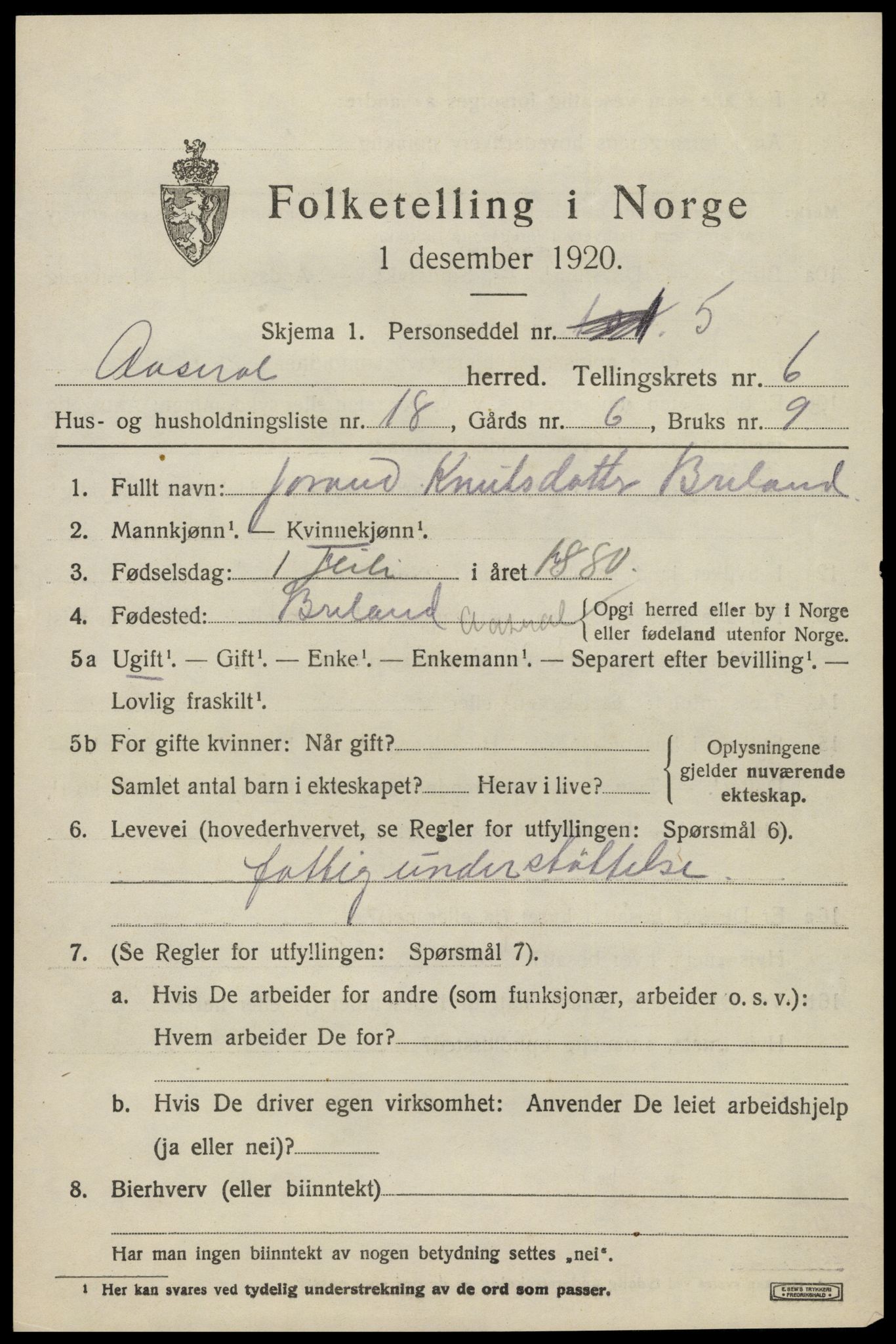 SAK, 1920 census for Åseral, 1920, p. 1998