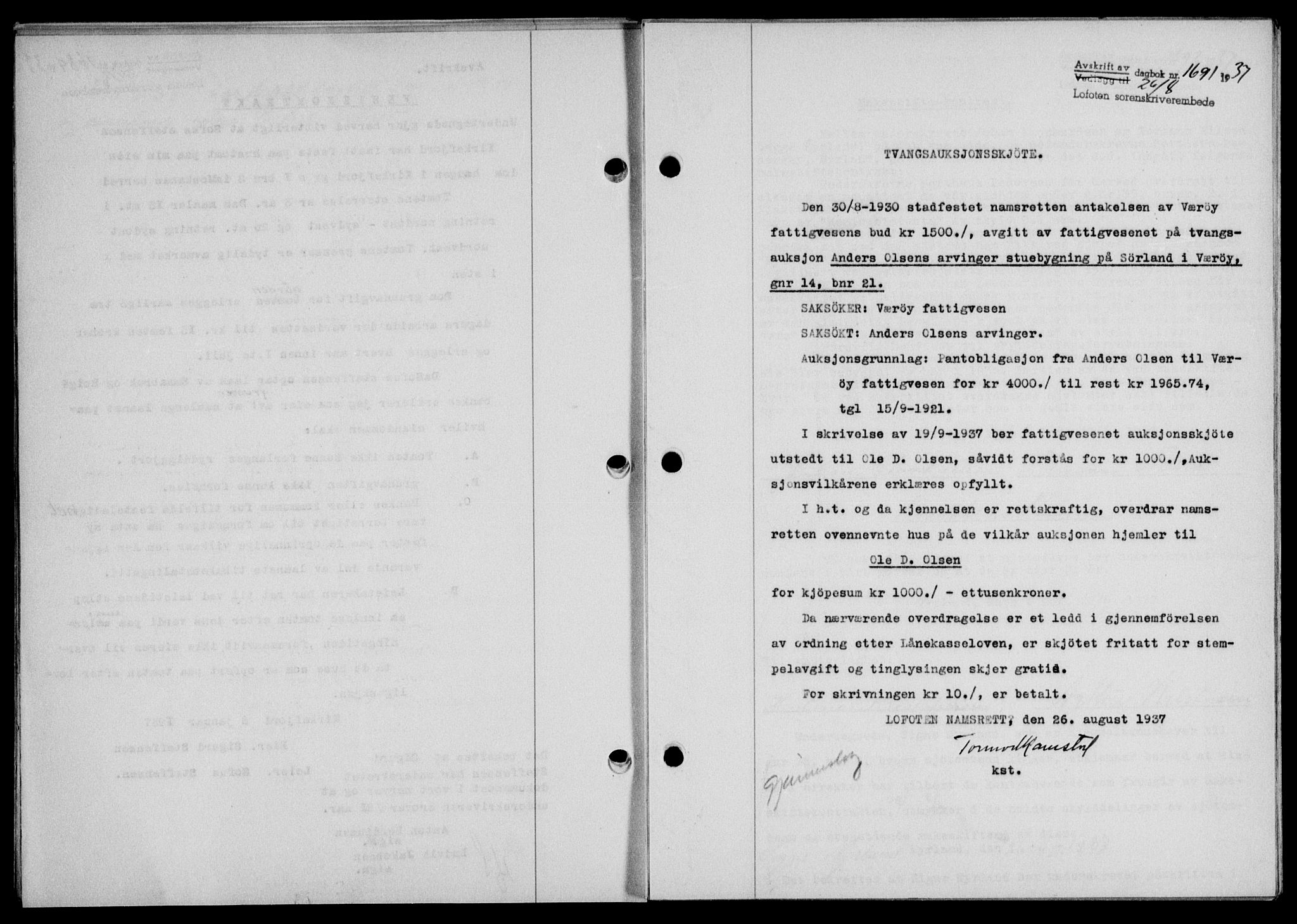 Lofoten sorenskriveri, SAT/A-0017/1/2/2C/L0002a: Mortgage book no. 2a, 1937-1937, Diary no: : 1691/1937