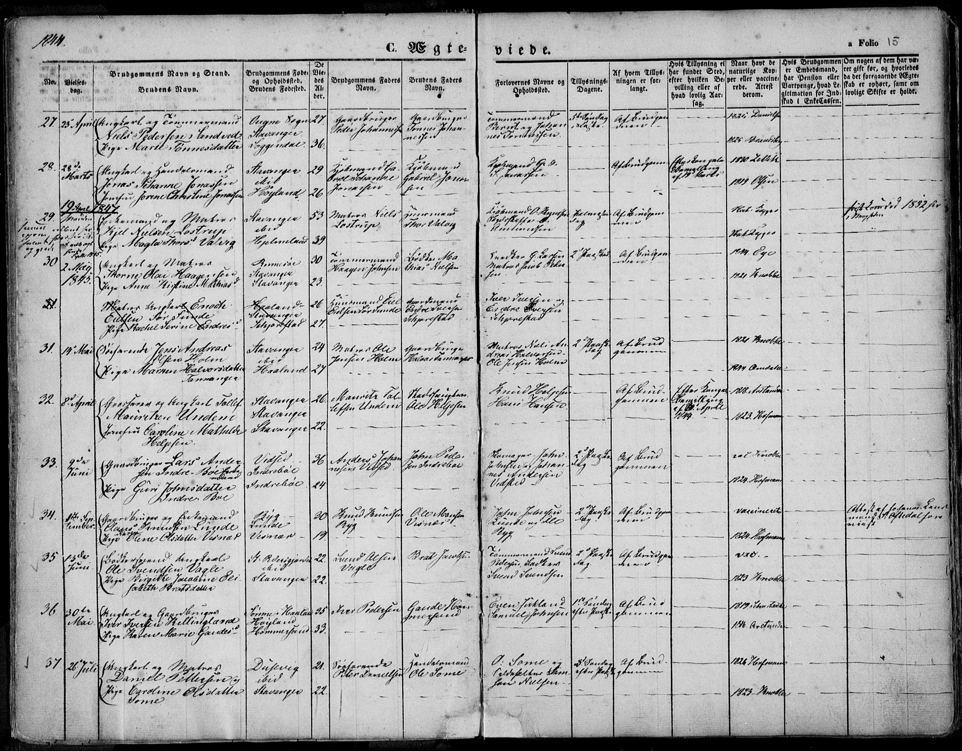 Domkirken sokneprestkontor, SAST/A-101812/001/30/30BA/L0015: Parish register (official) no. A 14, 1842-1857, p. 15