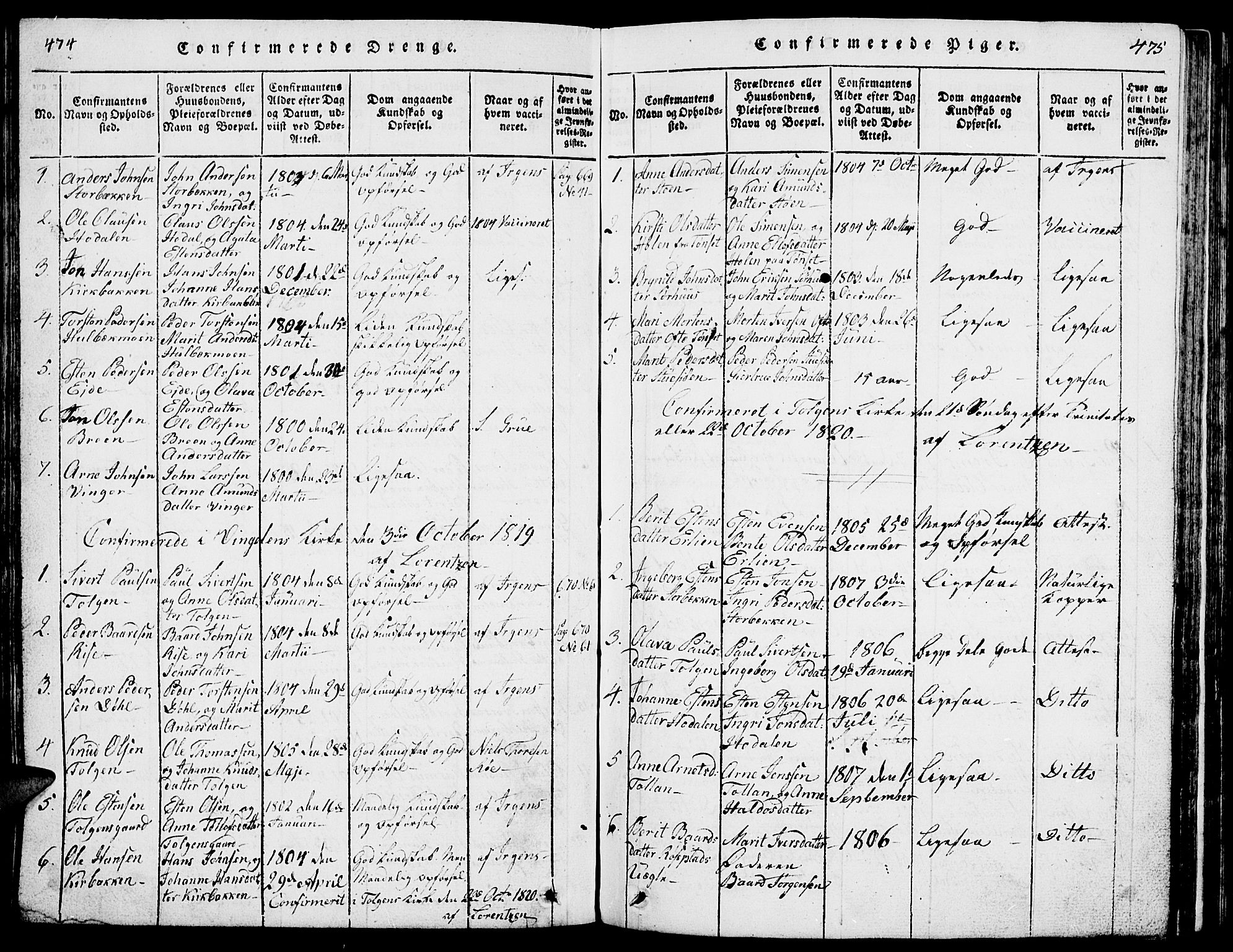 Tolga prestekontor, SAH/PREST-062/L/L0001: Parish register (copy) no. 1, 1814-1877, p. 474-475