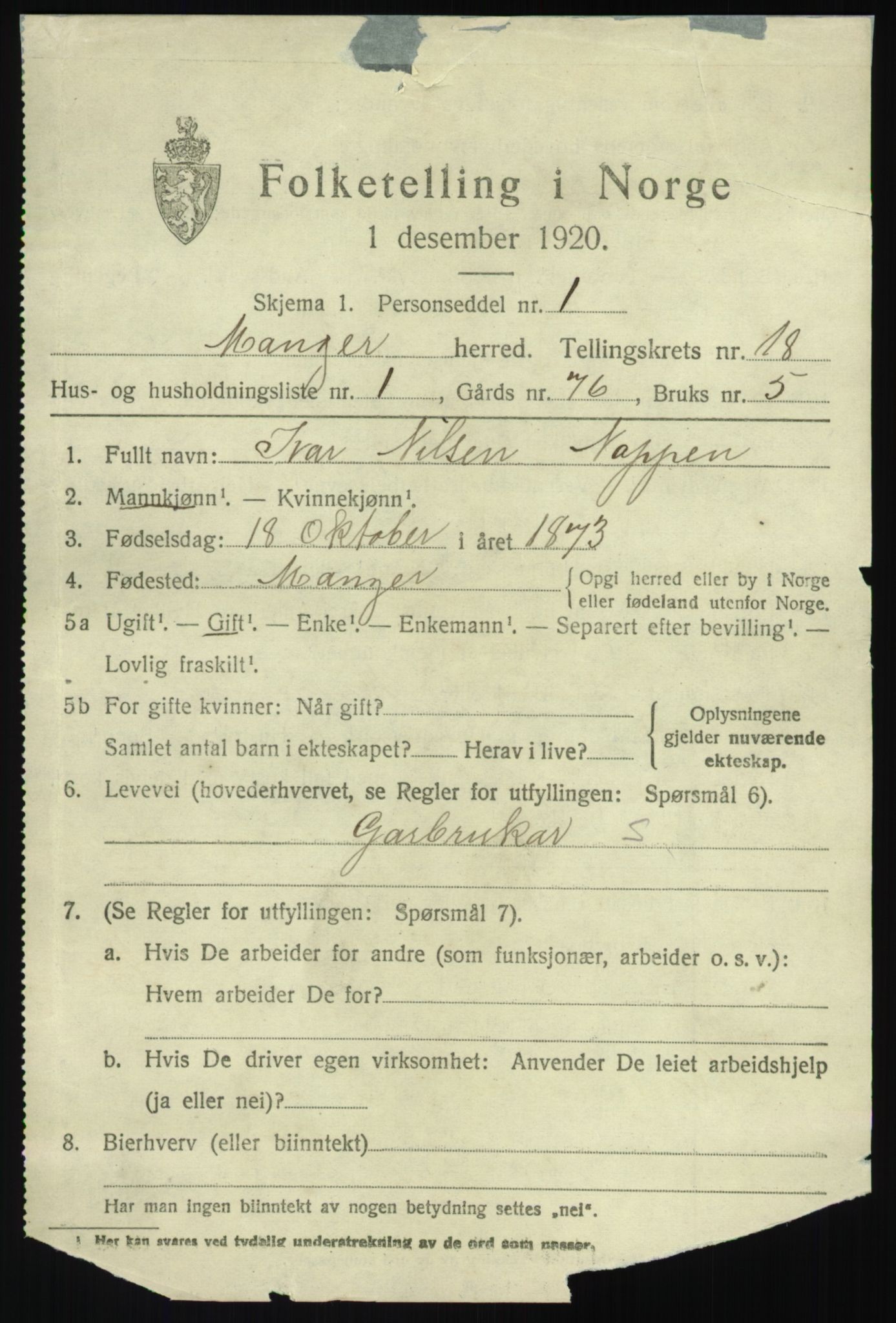 SAB, 1920 census for Manger, 1920, p. 10108
