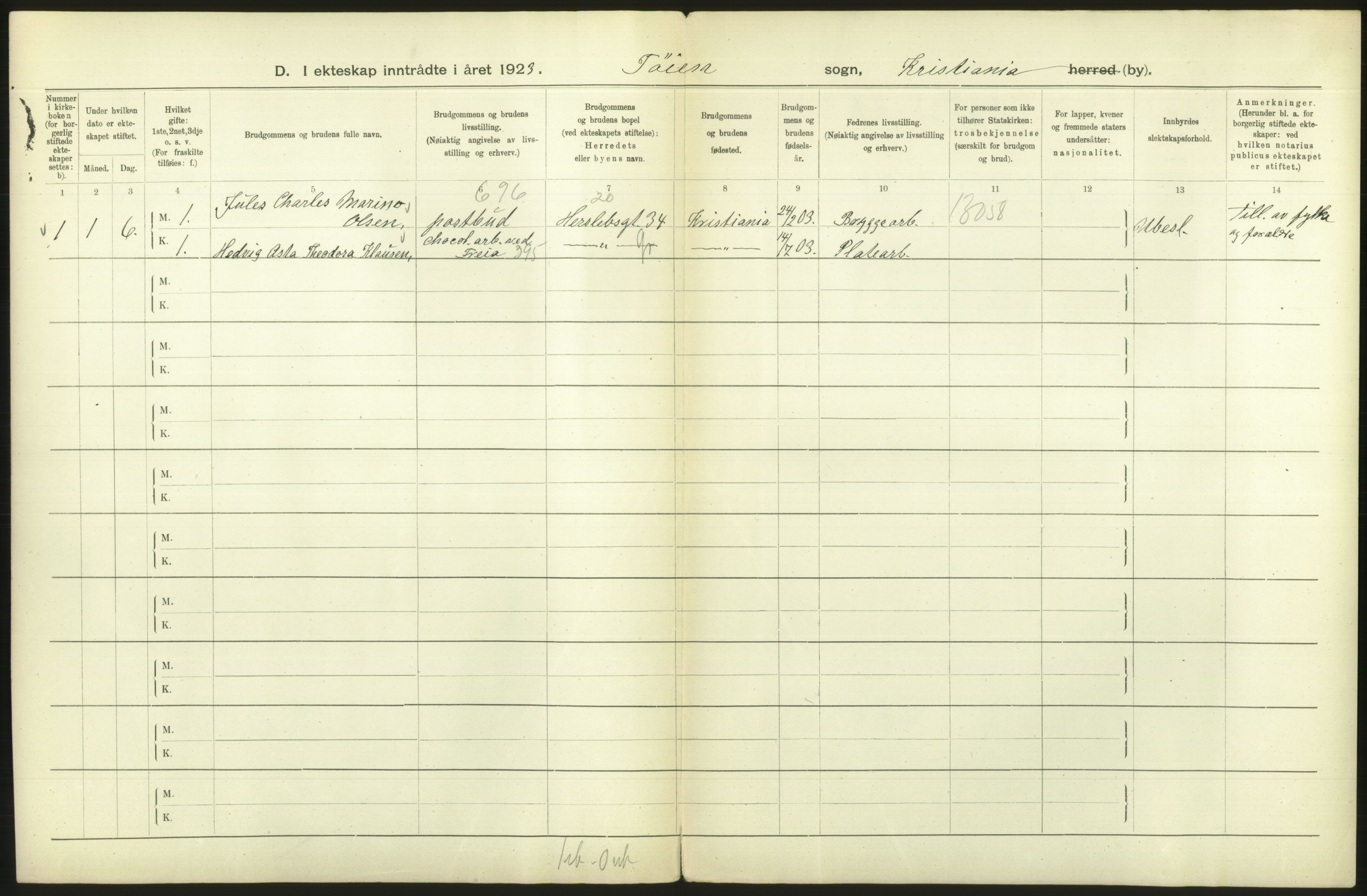 Statistisk sentralbyrå, Sosiodemografiske emner, Befolkning, AV/RA-S-2228/D/Df/Dfc/Dfcc/L0008: Kristiania: Gifte, 1923, p. 516