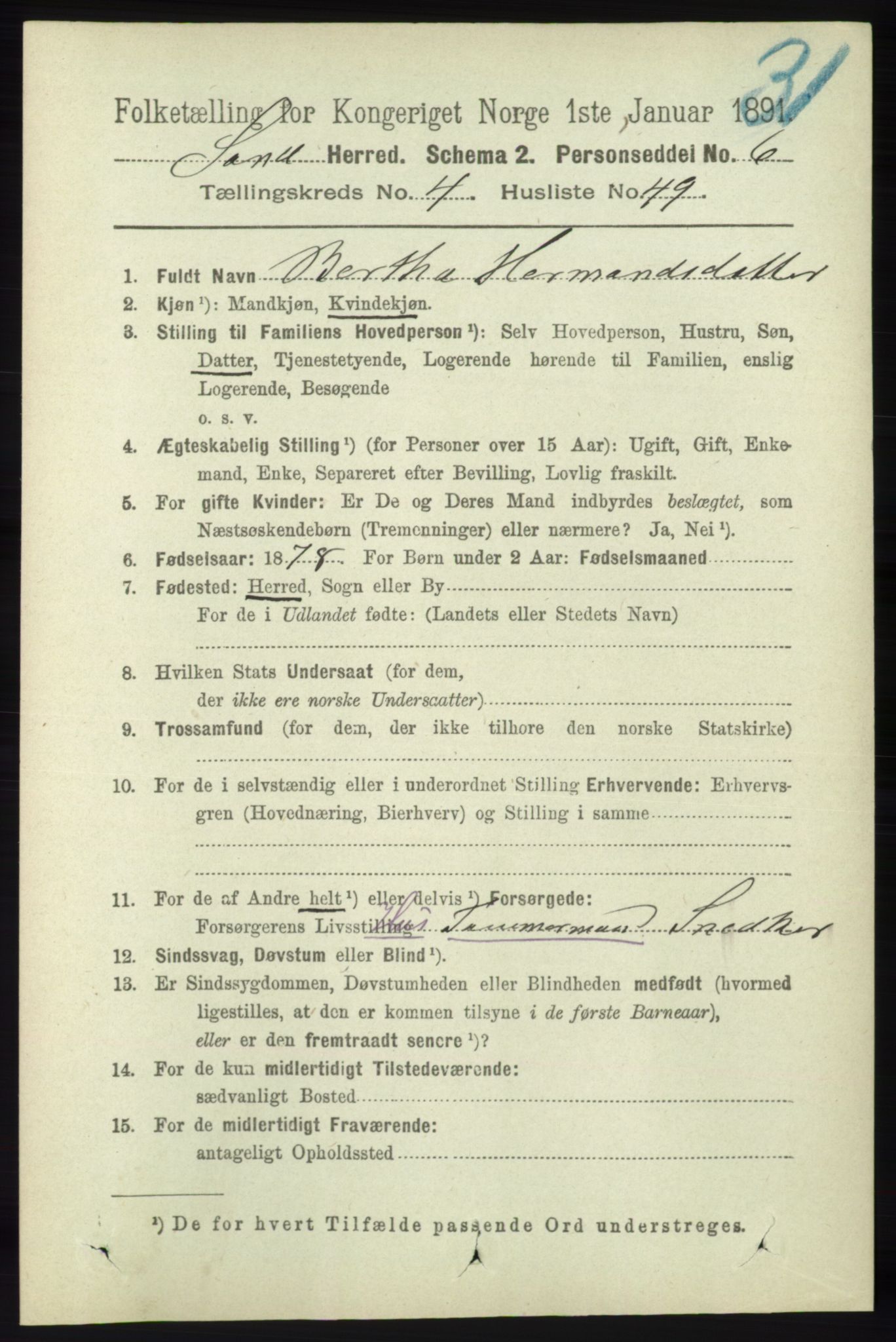 RA, 1891 census for 1136 Sand, 1891, p. 1477