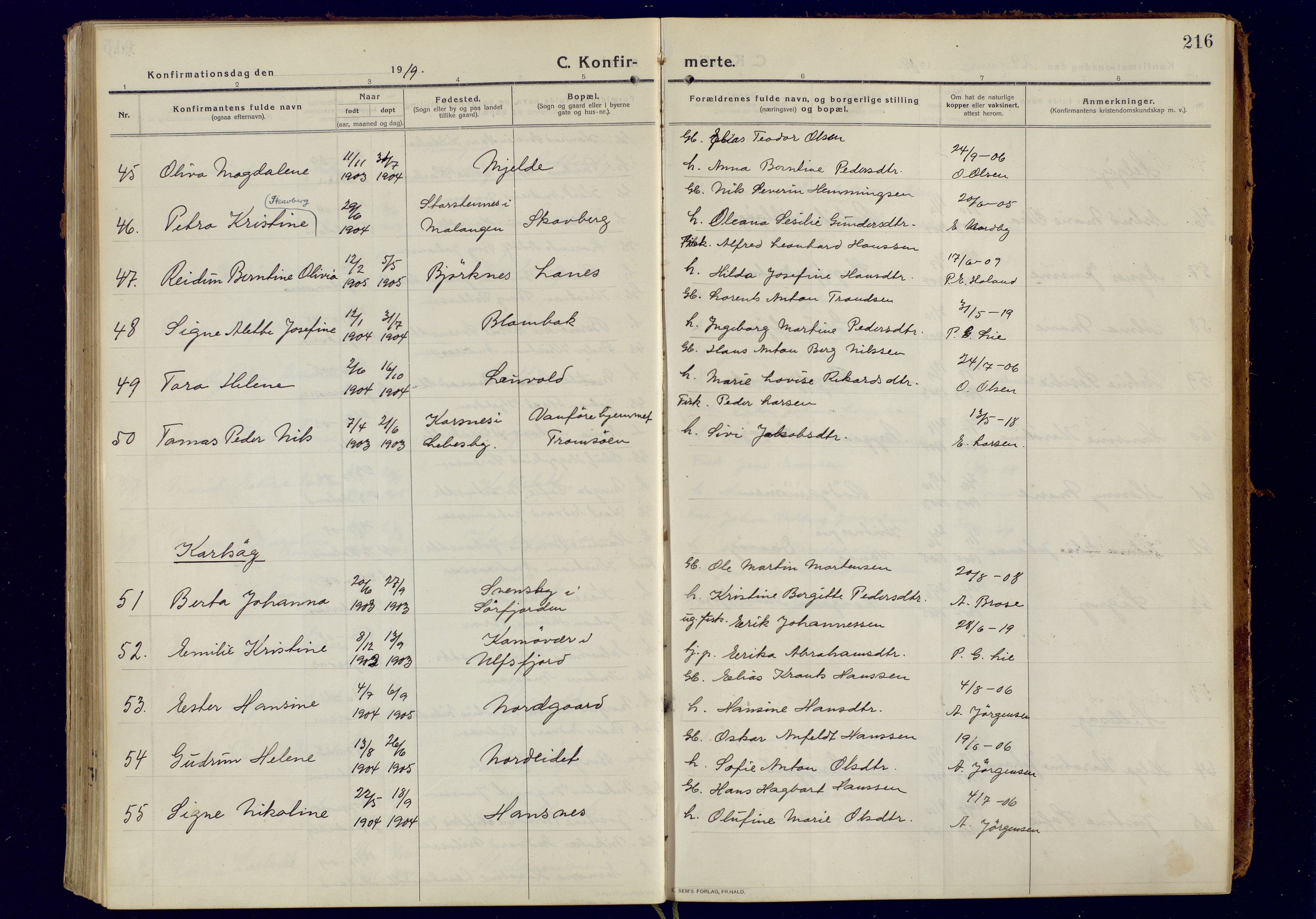 Tromsøysund sokneprestkontor, AV/SATØ-S-1304/G/Ga/L0008kirke: Parish register (official) no. 8, 1914-1922, p. 216